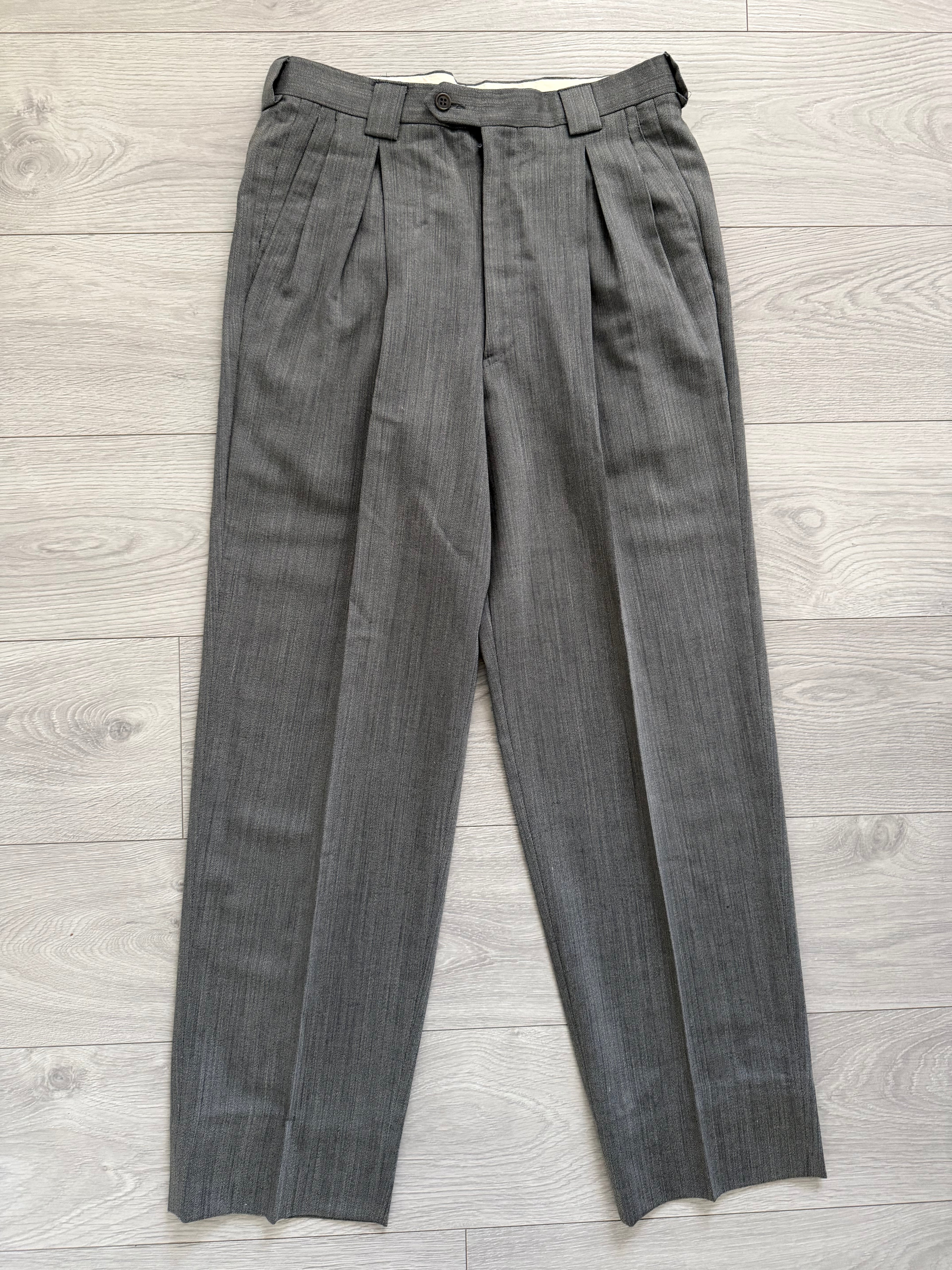 Giorgio Armani 1980s Peaked Lapel Double Breasted Herringbone Wool Grey Suit - Size M Jacket / 32" Waist