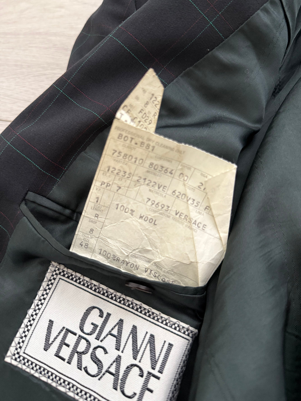 Versace 1980s Notch Lapel Double Breasted Pleated Wool Check Suit Black - Size M Jacket / 32" Waist