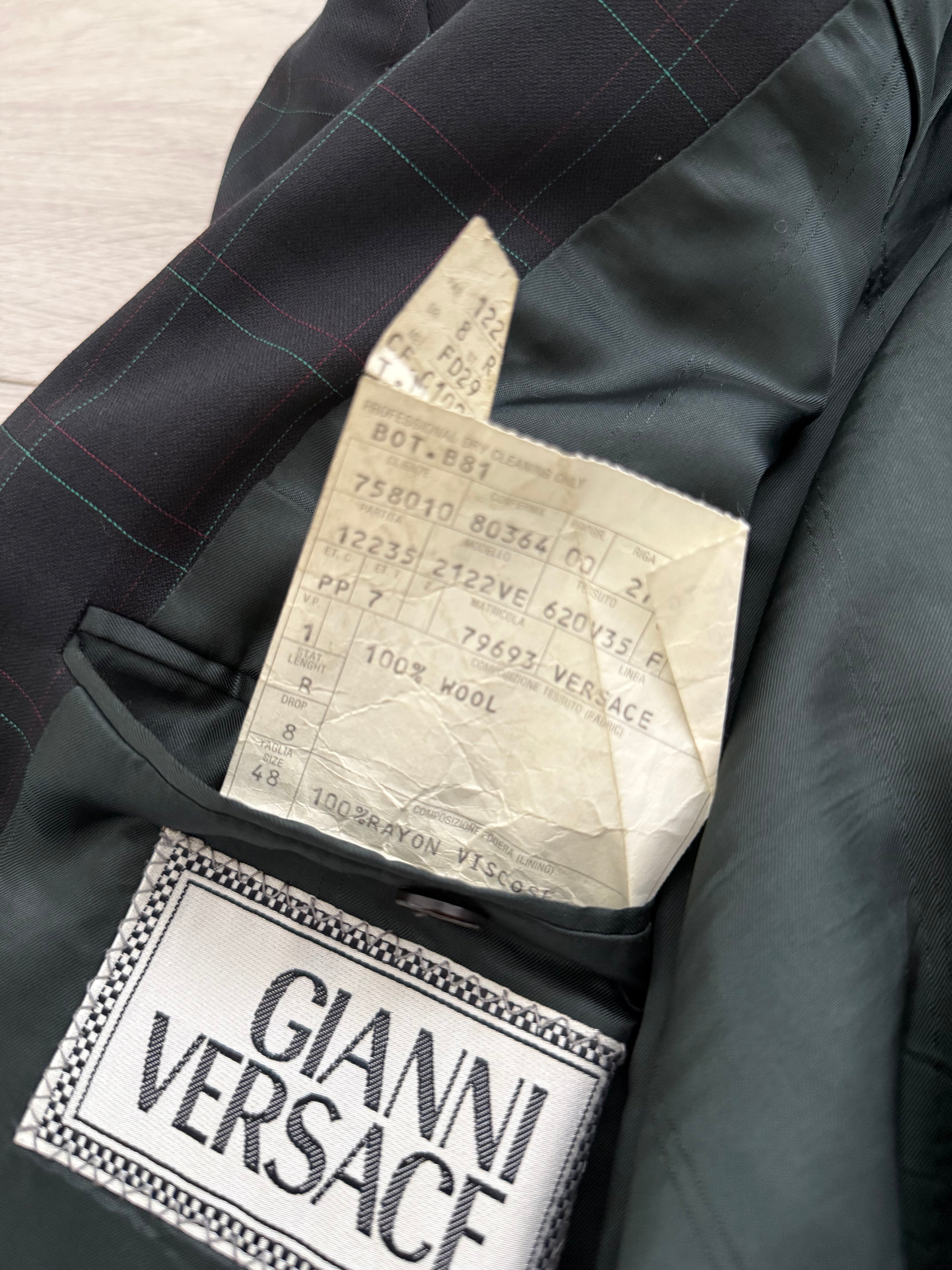 Versace 1980s Notch Lapel Double Breasted Pleated Wool Check Suit Black - Size M Jacket / 32" Waist