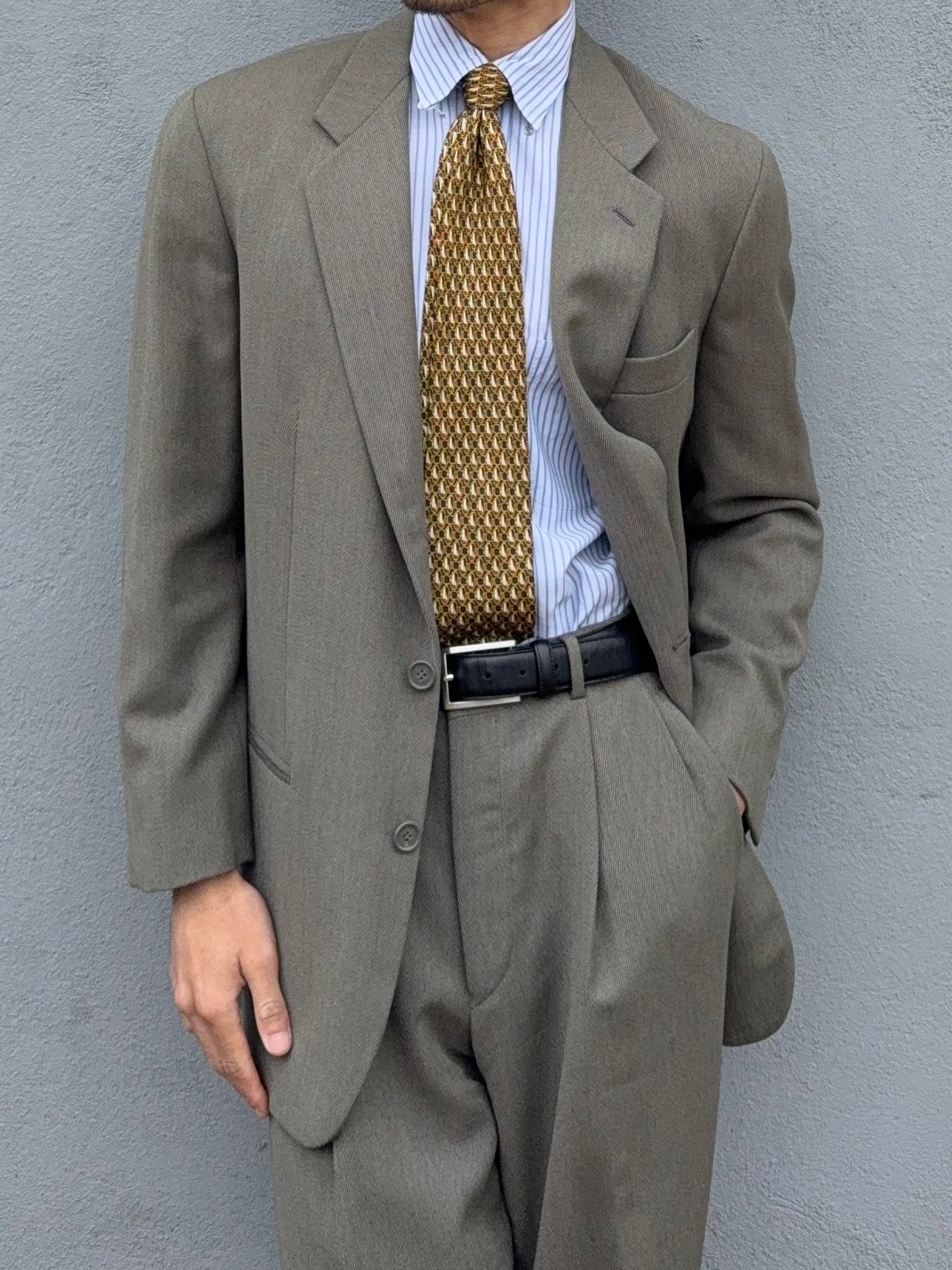 Emporio Armani 1980s 2B Olive Grey High Waisted Pleated Wool Suit - Size M Jacket / 30" Waist