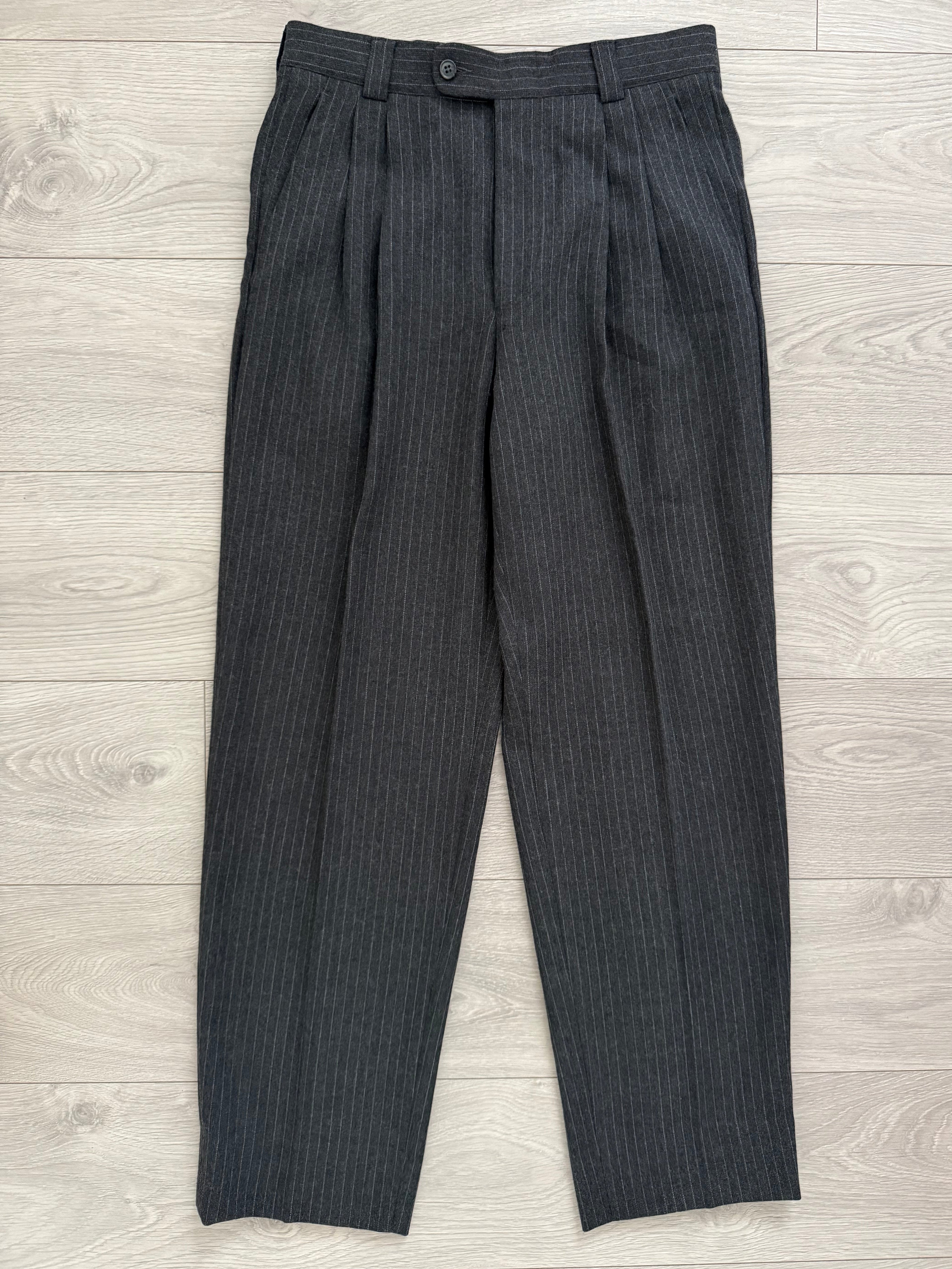 Versace 1980s Notch Lapel Double Breasted Pleated Wool Pinstriped Suit Grey - Size M Jacket / 32" Waist