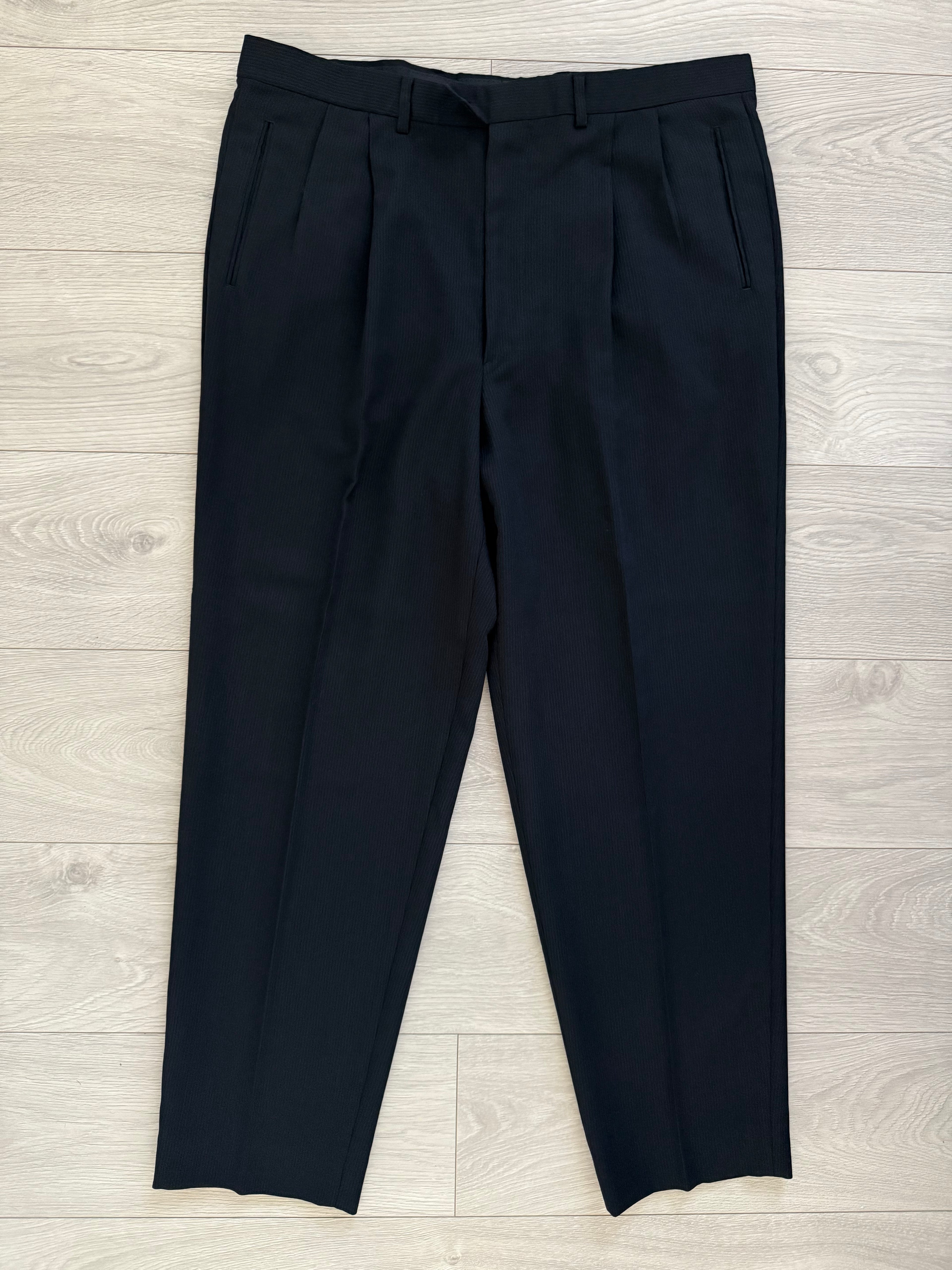 Giorgio Armani 1980s 3B Wool Ribbed Weave Navy Pleated Suit - Size XXL Jacket / 38" Waist