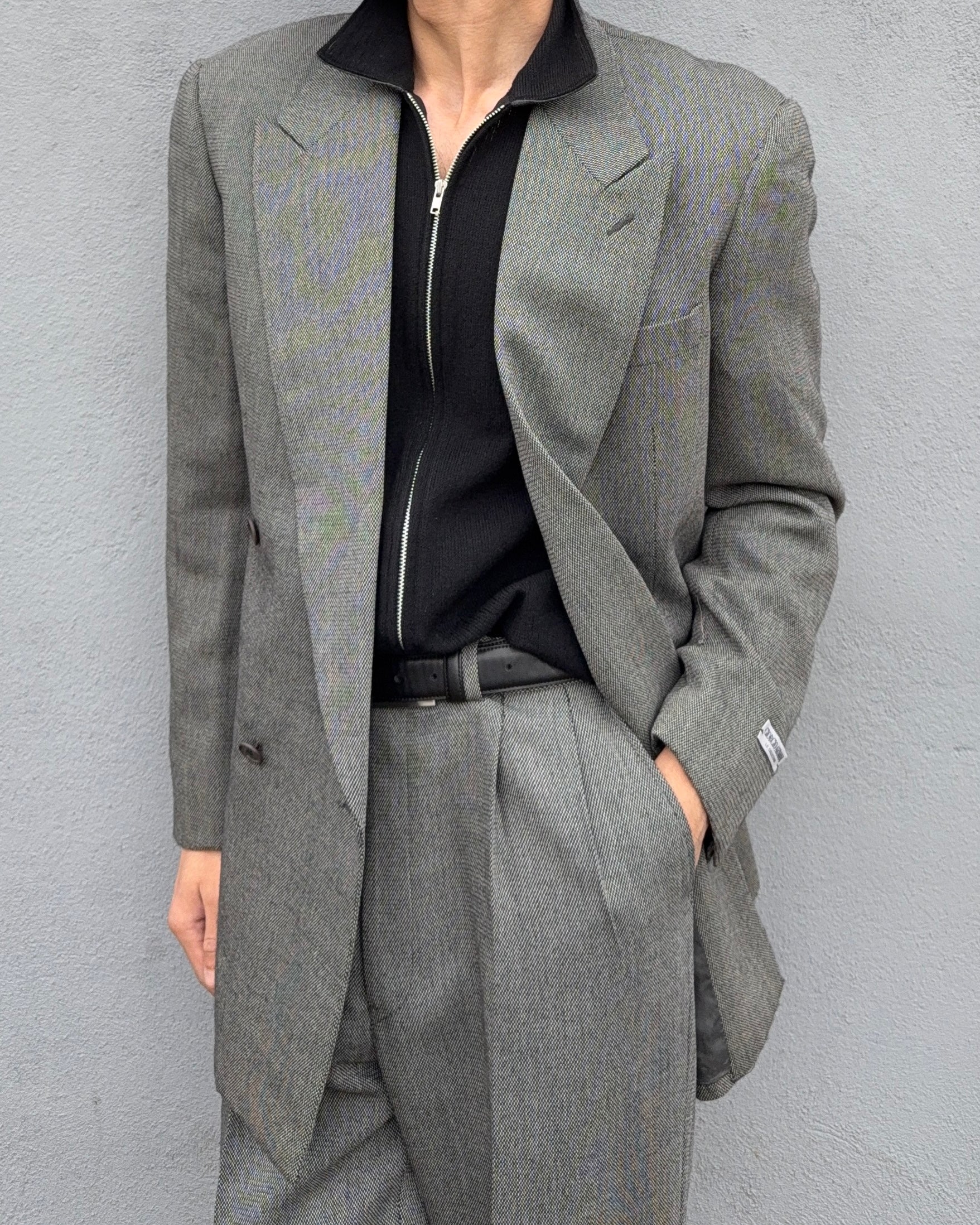 Giorgio Armani 1980s Double Breasted Pleated Wool Suit Textured Grey New - Size L Jacket / 32" Waist