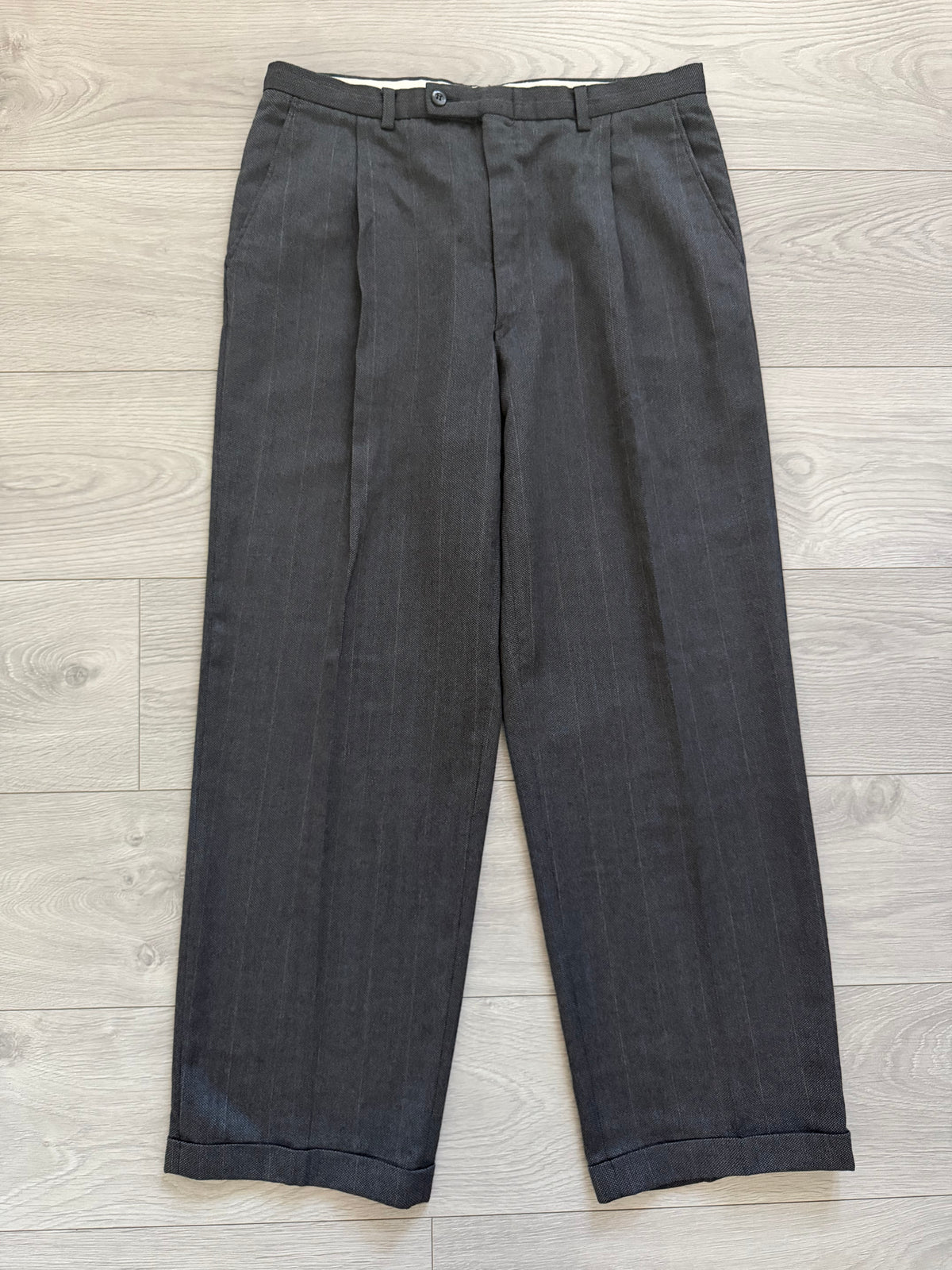Giorgio Armani Mani 1980s Peaked Lapel Double Breasted Wool Suit Grey - Size L Jacket / 33" Waist