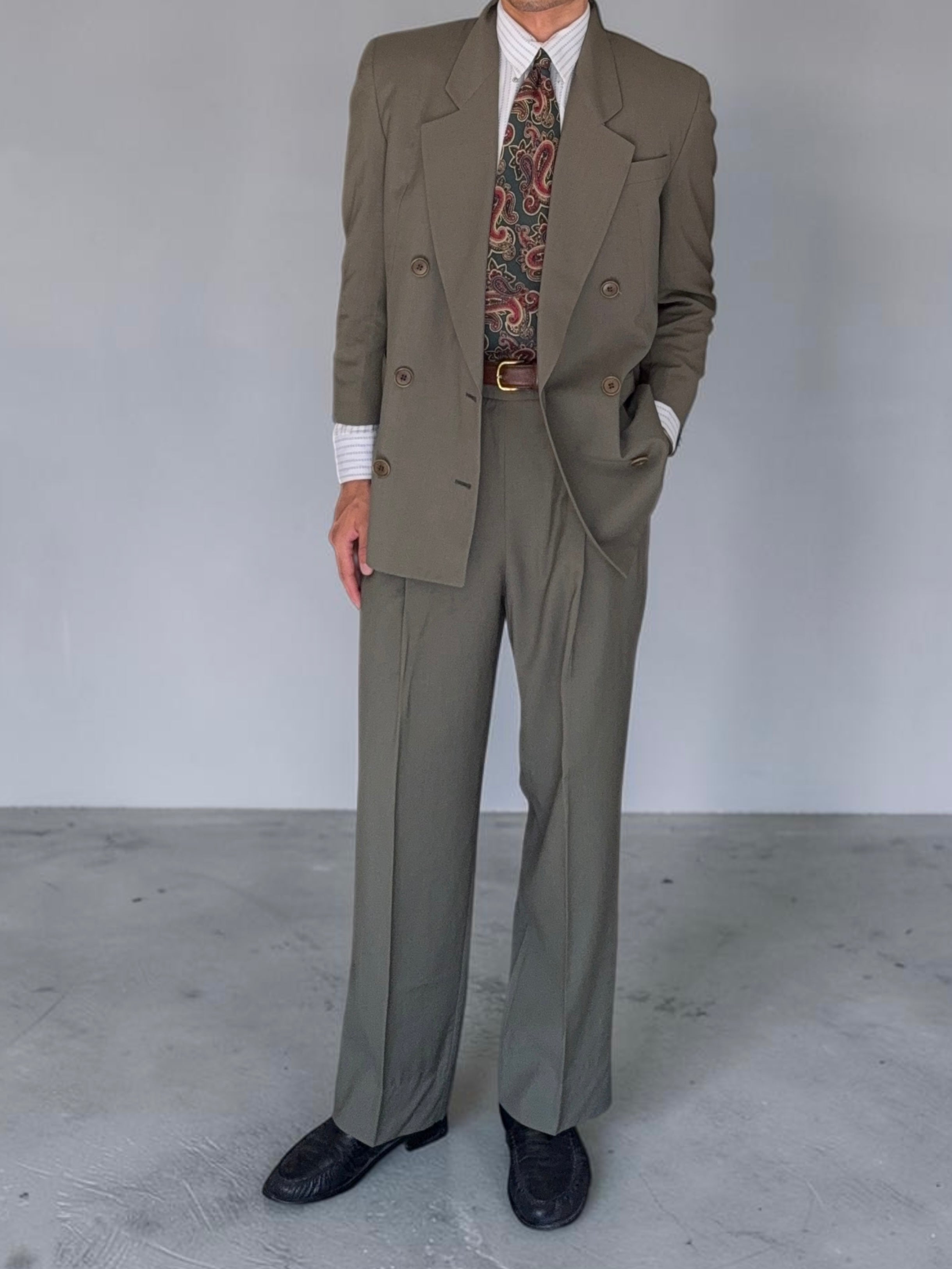 Basile 1980s Peaked Lapel Double Breasted Draped Wool Suit - Size S Jacket / 28" Waist