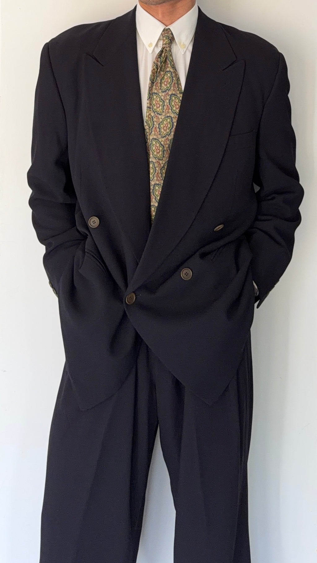Giorgio Armani 1990s Black Label Peaked Lapel Double Breasted Navy Wool Pleated Draped Suit - Size L Jacket / 34" Waist