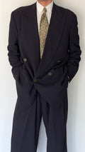 Giorgio Armani 1990s Black Label Peaked Lapel Double Breasted Navy Wool Pleated Draped Suit - Size L Jacket / 34" Waist