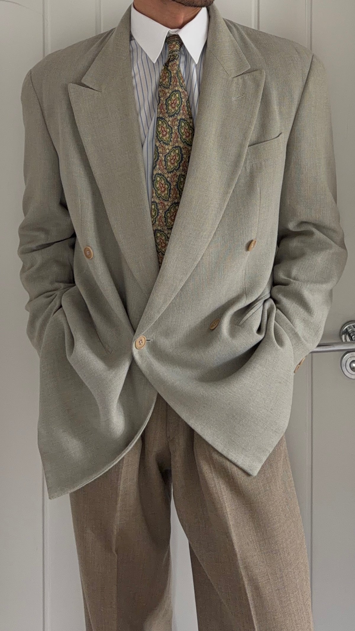Emporio Armani 1996 Peaked Lapel Double Breasted Draped Wool Cotton Sport Jacket Blazer - Size M