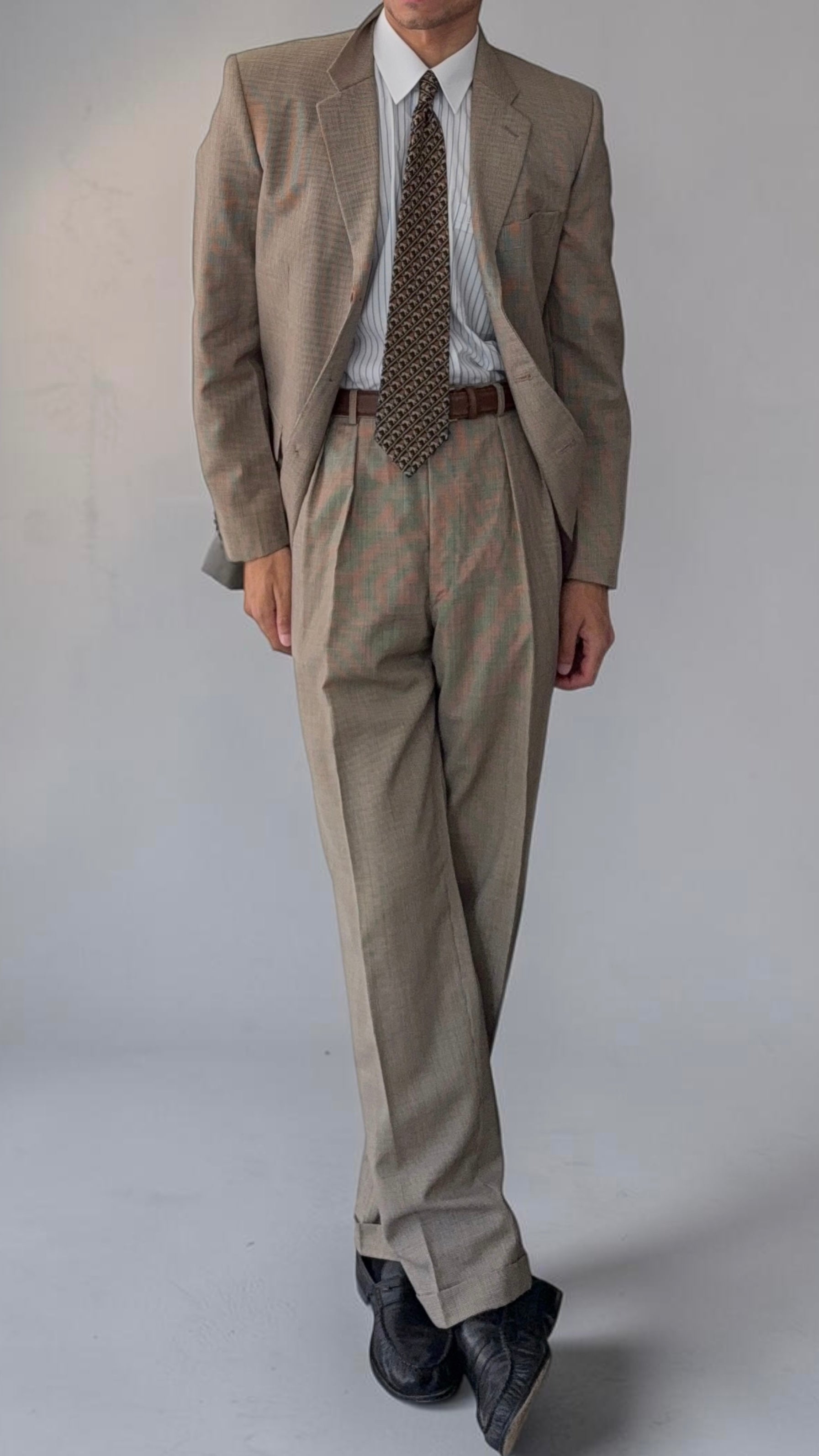 Paul Smith 1990s 3B Double Pleat Micro Houndstooth Marzotto Fabric Wool Suit - Size S Jacket / 30" Waist