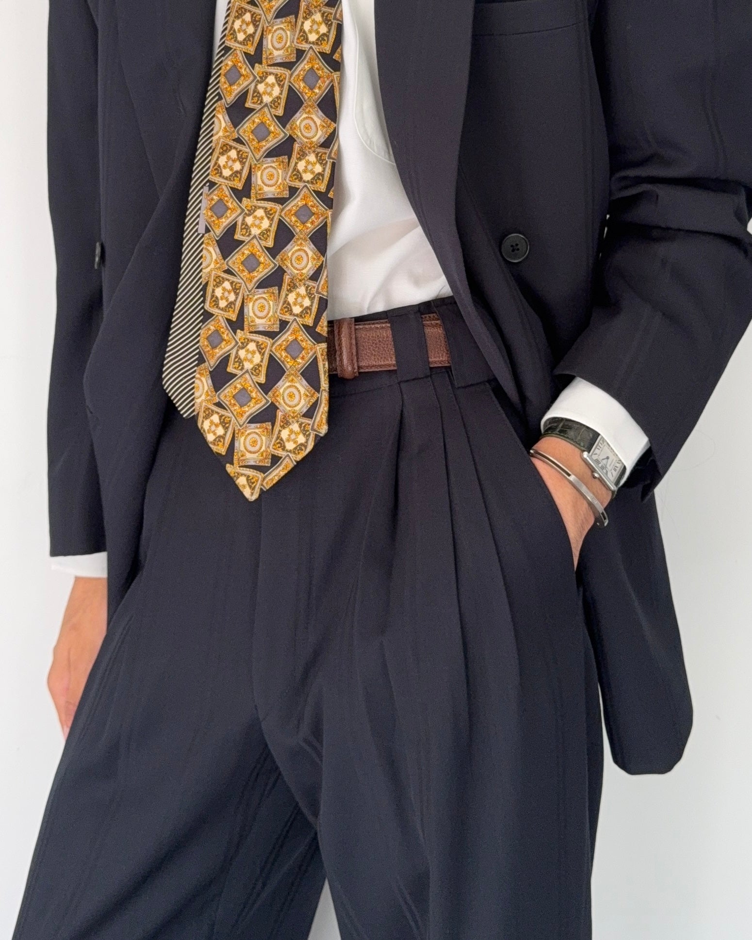 Versace 1980s Shawl Lapel Double Breasted Pleated Wool Striped Suit - Size M Jacket / 30" Waist