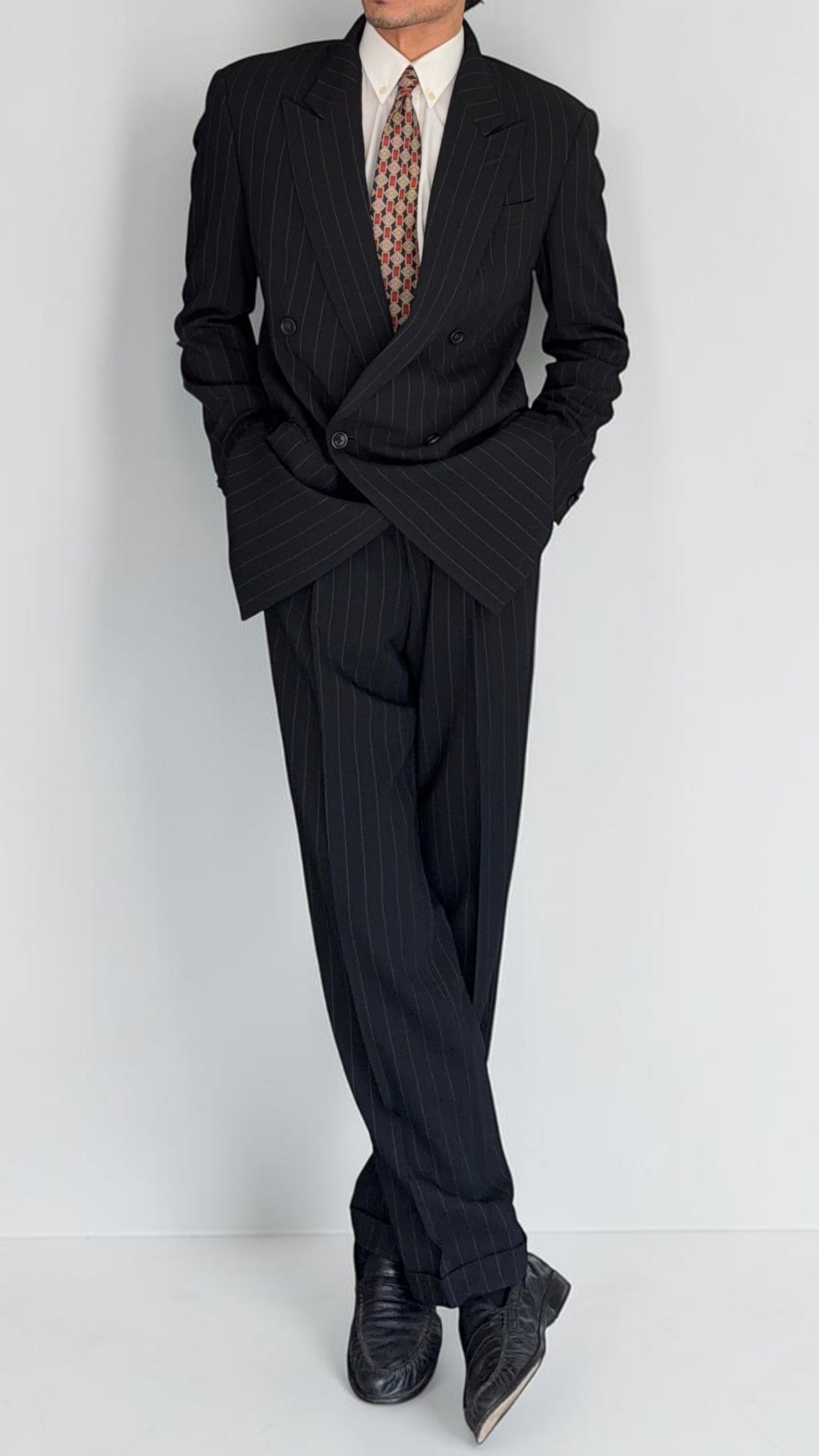 Armani 1990s Peaked Lapel Double Breasted Pinstripe Textured Wool Suit - Size M Jacket / 31" Waist