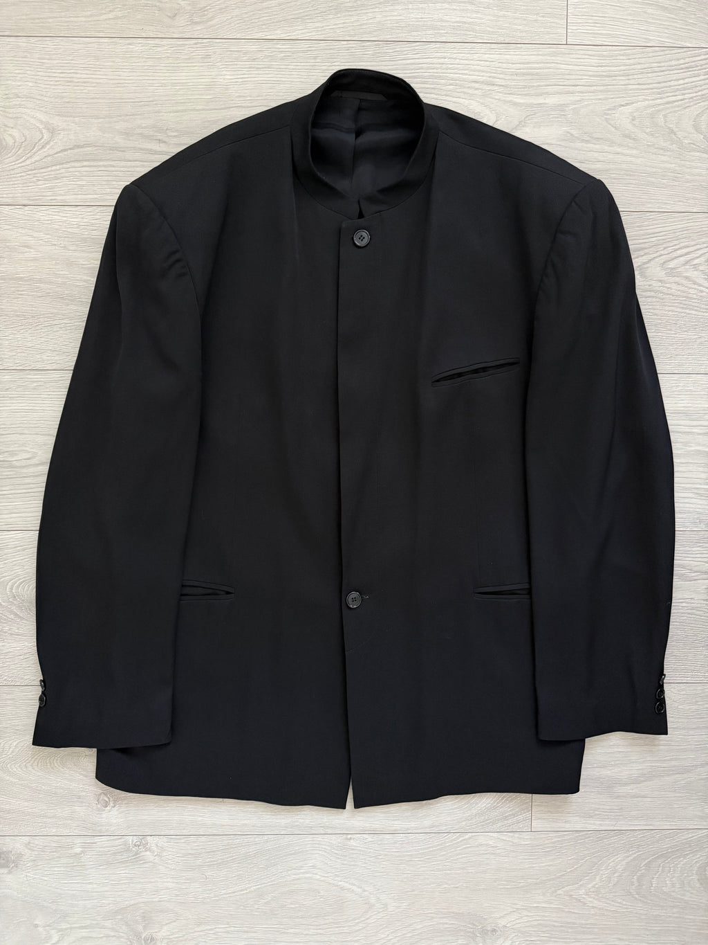 Giorgio Armani Black Label Mainline 1990s Nehru Collar Draped Wool Pleated Suit - Size XXL Jacket / 38" Waist