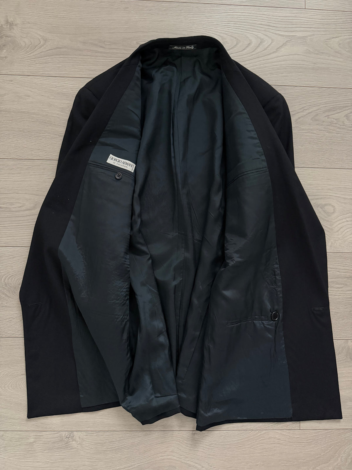 Giorgio Armani 1980s Peaked Lapel Double Breasted Metal Button Wool Sport Jacket Blazer Navy  - Size L