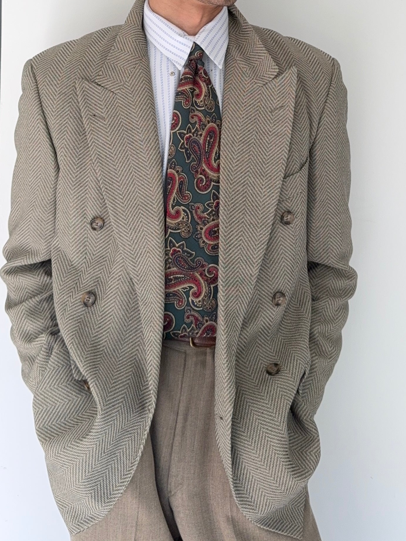 Hugo Boss 1980s 'Zeus' Peaked Lapel Double Breasted Herringbone Wool Sports Blazer Jacket - Size L