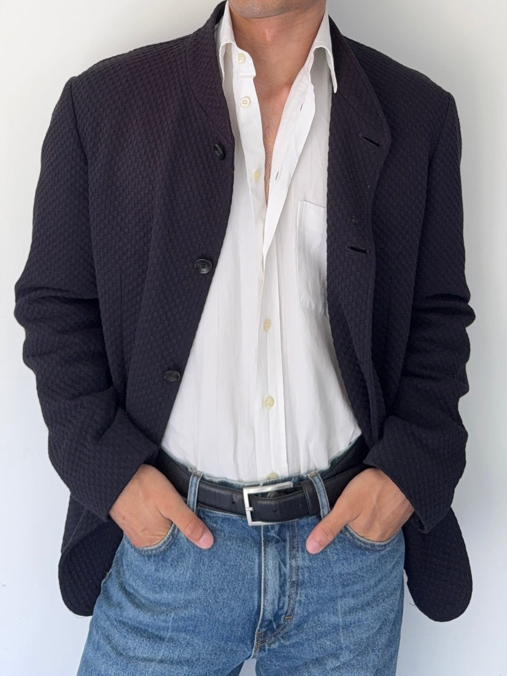 Armani 2000s Textured Cotton Navy Jacket - Size XL