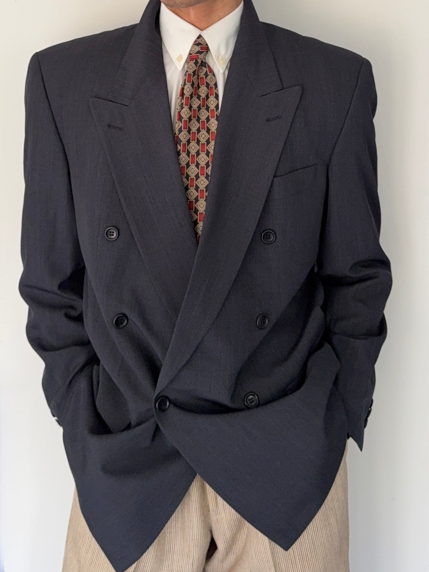 Hugo Boss 'Al Capone' 1980s Peaked Lapel Double Breasted Wool Rayon Sport Blazer Jacket - Size L