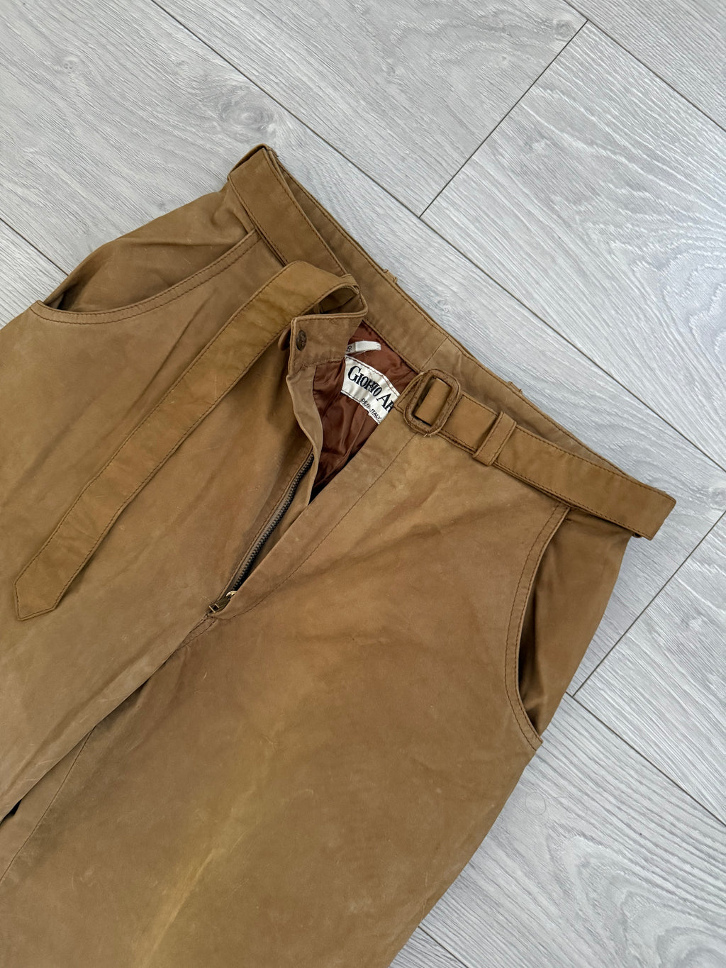 Giorgio Armani 1970s Suede Leather Belted Pants - Size 30" Waist