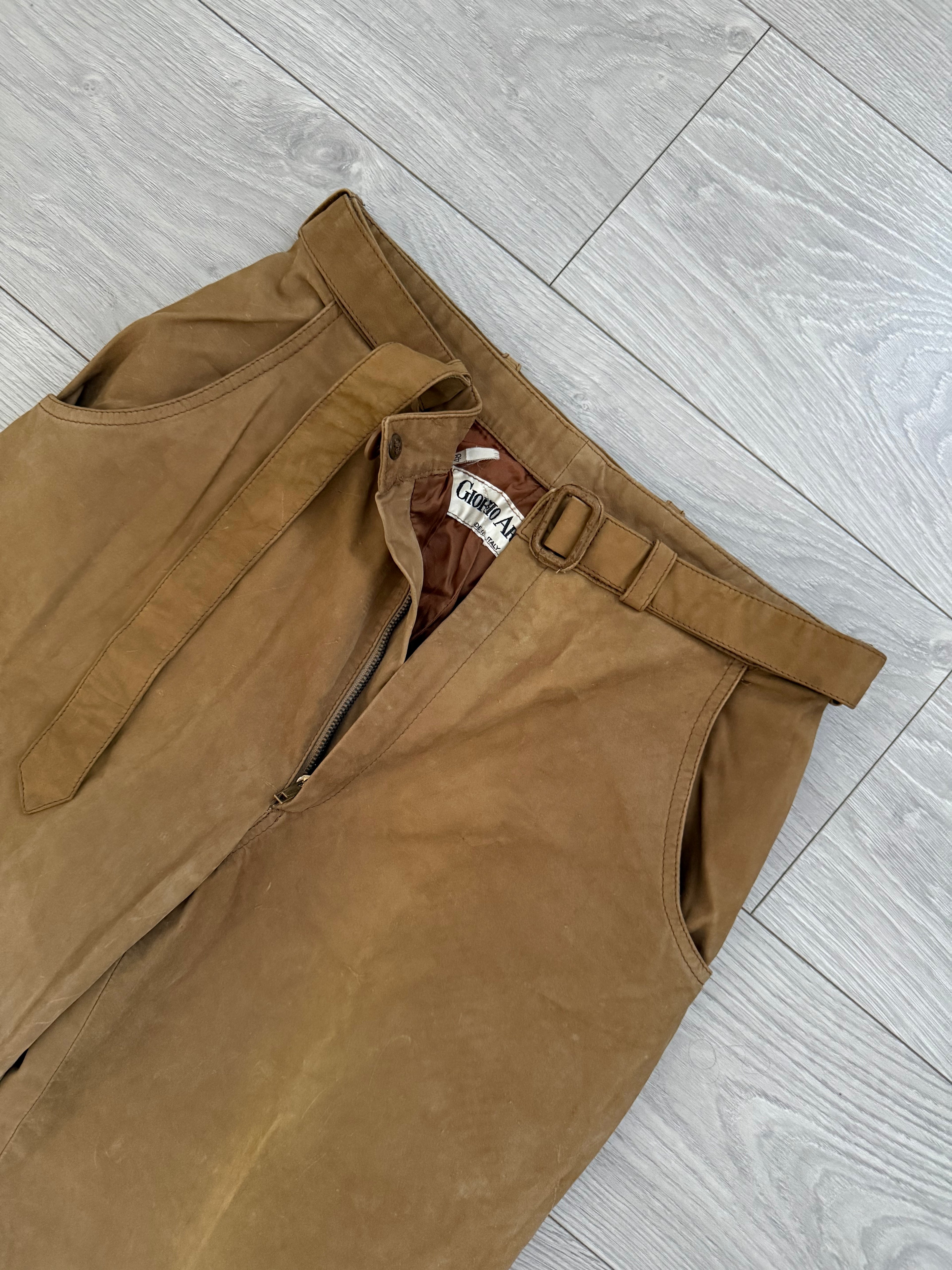 Giorgio Armani 1970s Suede Leather Belted Pants - Size 30" Waist