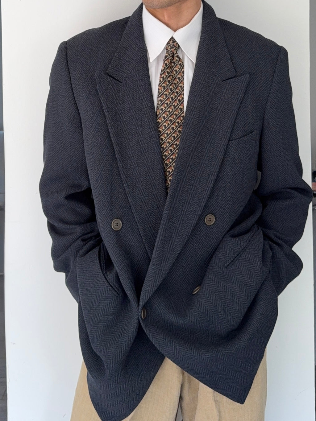 Armani Mani 1980s Peaked Lapel Double Breasted Herringbone Wool Sport Jacket Blazer - Size XXL