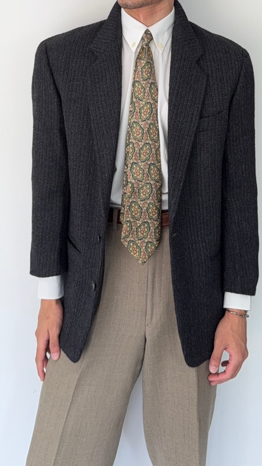 Valentino 1980s 2B Textured Wool Sports Jacket Blazer Charcoal Grey - Size S