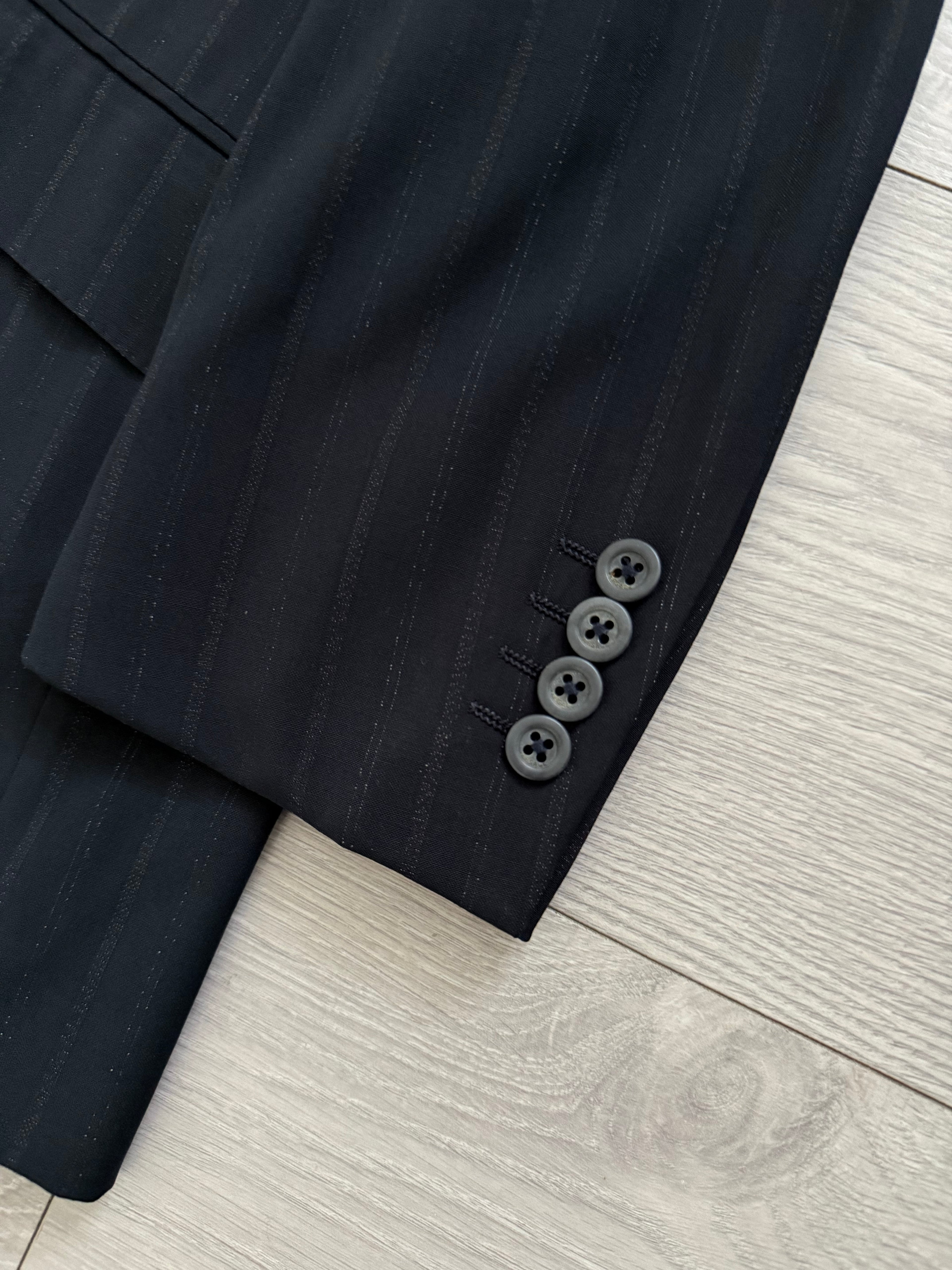 Versace 1980s 6B Peaked Lapel Double Breasted Pleated Wool Striped Suit - Size S Jacket / 33" Waist