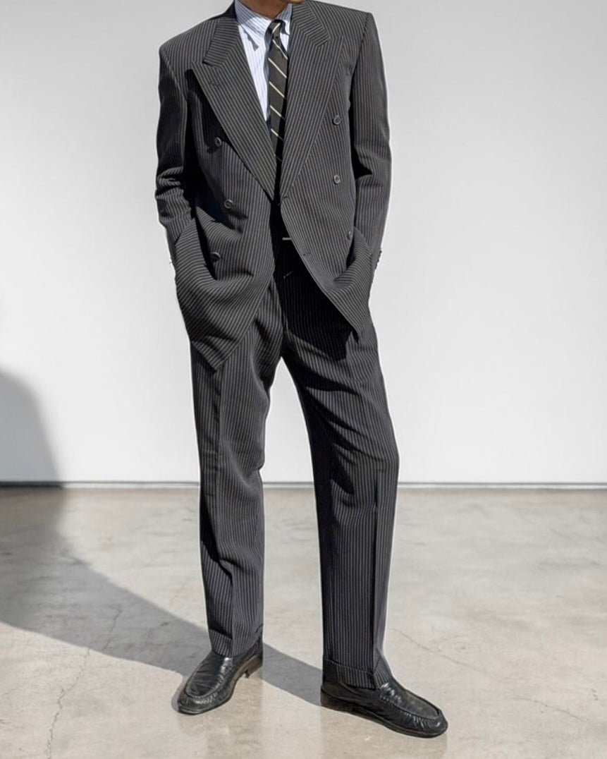 Valentino 1980s 6B Double Breasted Wool Pinestripe Power Suit - Size M Jacket / 32" Waist
