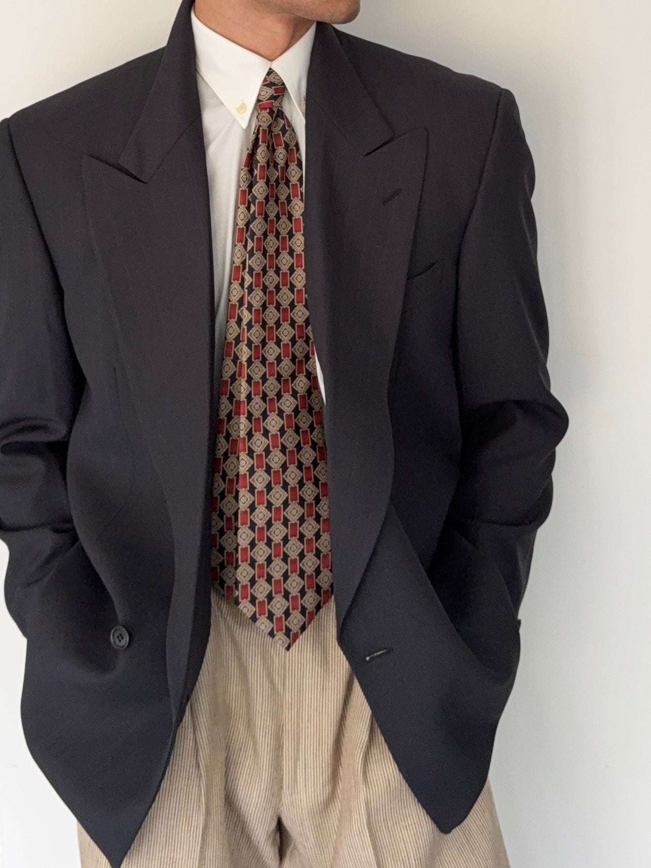 Valentino 1980s Peaked Lapel Double Breasted Grey Sport Jacket Blazer - Size L