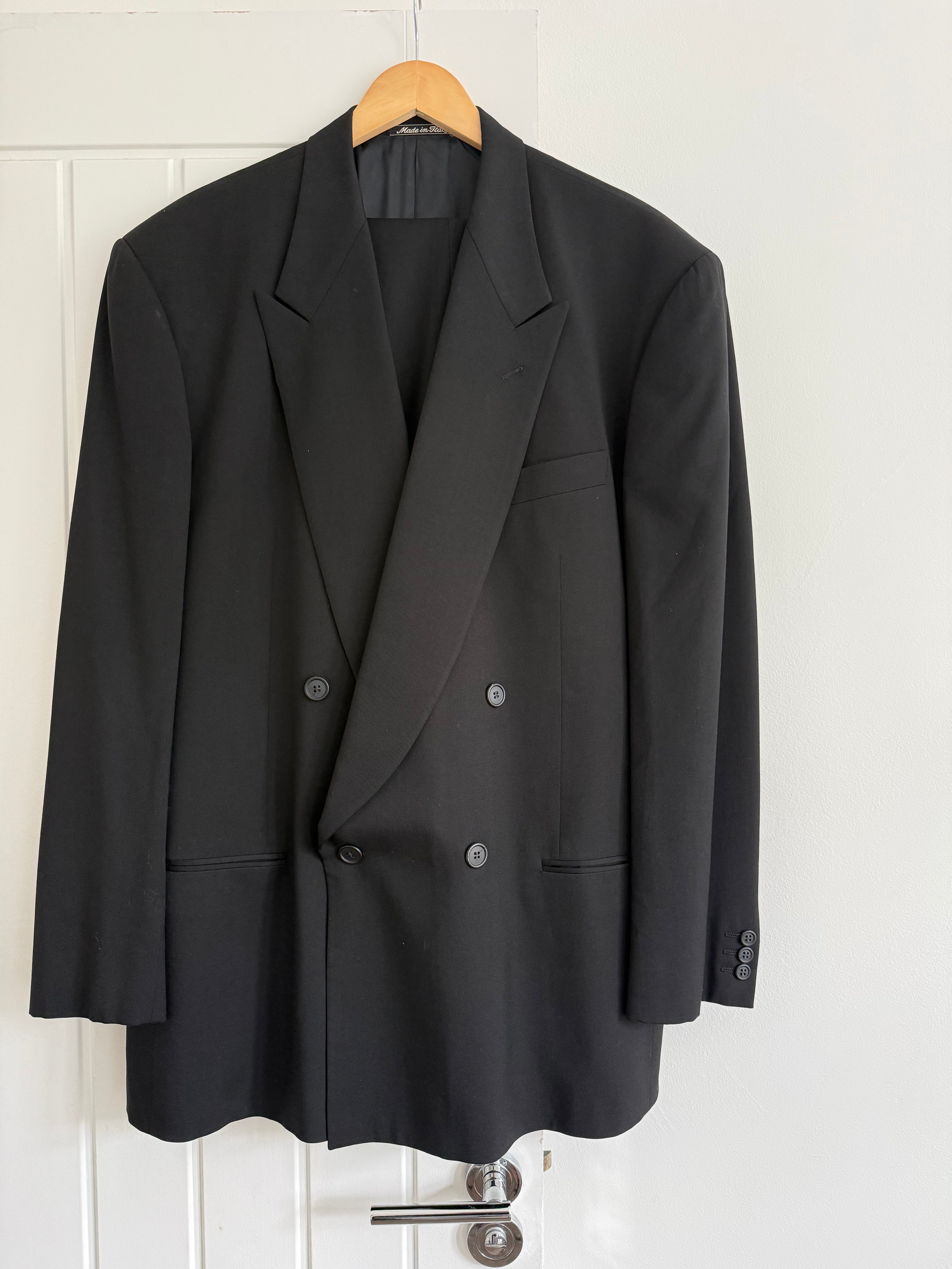 Giorgio Armani 1980s Peaked Lapel Double Breasted Pleated Black Suit - Size XXL Jacket / 44" Waist