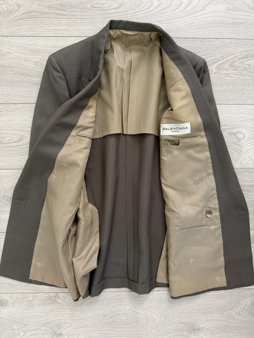 Balenciaga 1990s Peaked Lapel Double Breasted Metal Button Wool Khaki Suit - Size M Jacket / 36" Waist
