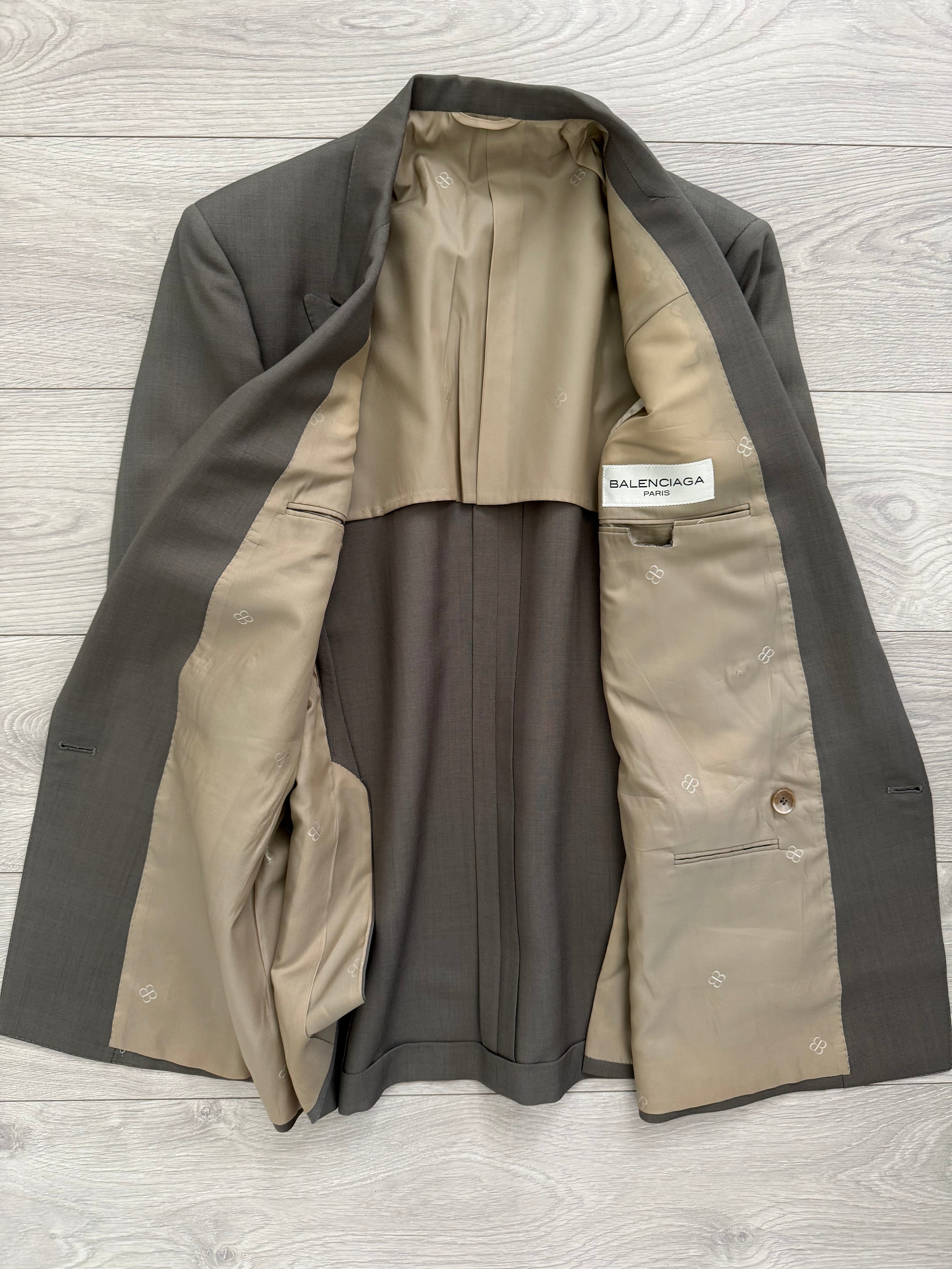 Balenciaga 1990s Peaked Lapel Double Breasted Metal Button Wool Khaki Suit - Size M Jacket / 36" Waist