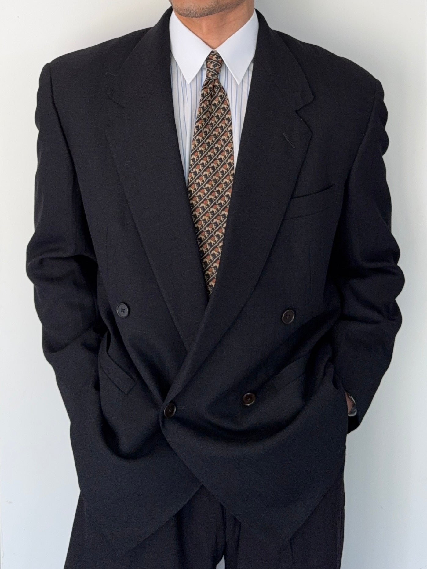Versace 1980s Notch Lapel Double Breasted Wool Pleated Black Textured Suit - Size M Jacket / 30" Waist