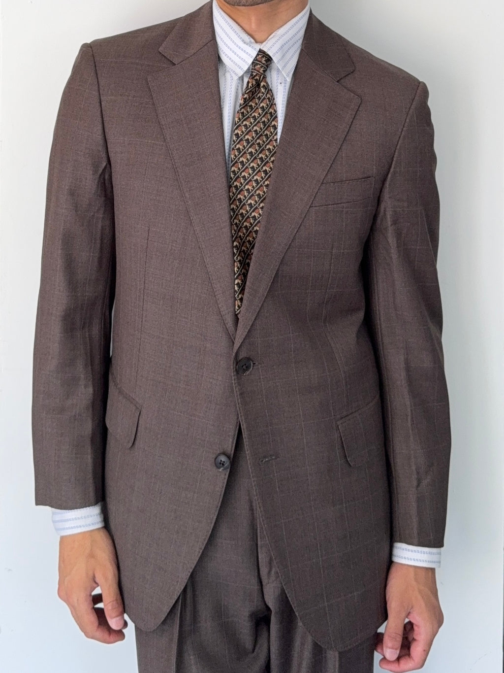 Burberry 1990s 2B Zegna Wool Check Double-Pleat Brown Suit - Size M Jacket / 33" Waist