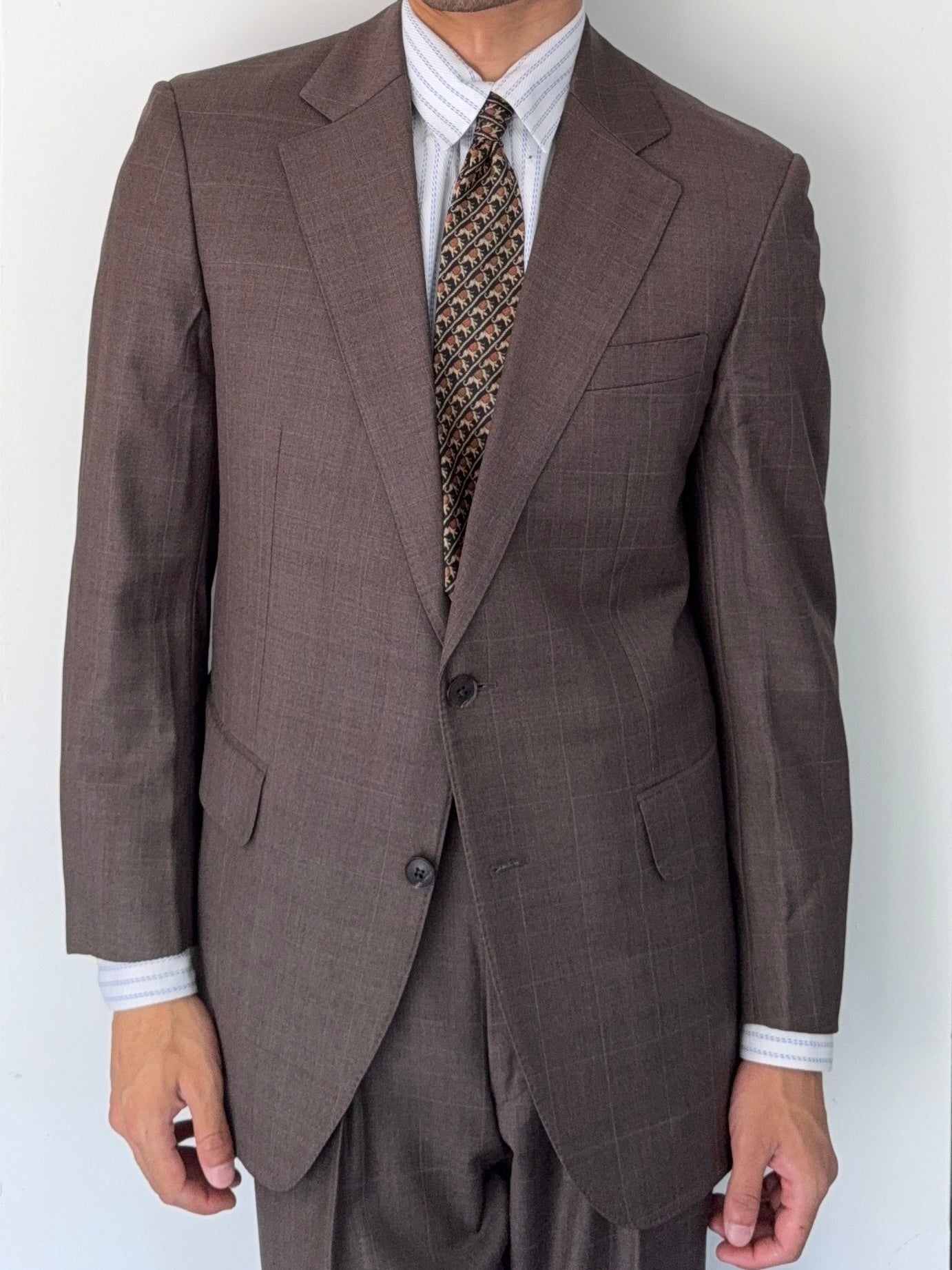 Burberry 1990s 2B Zegna Wool Check Double-Pleat Brown Suit - Size M Jacket / 33" Waist