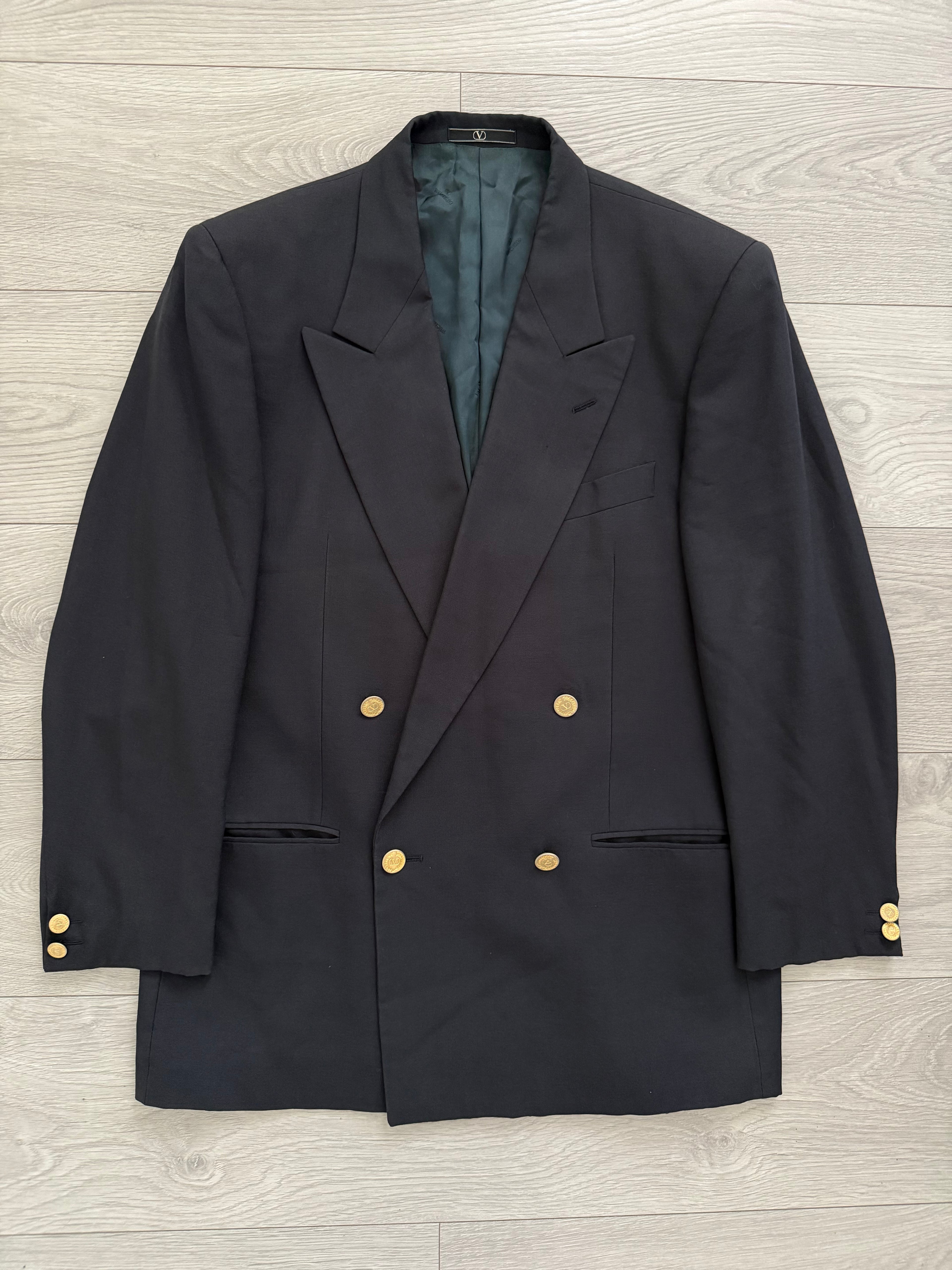 Valentino 1980s Peaked Lapel Double Breasted Metal Button Wool Jacket Navy  - Size S