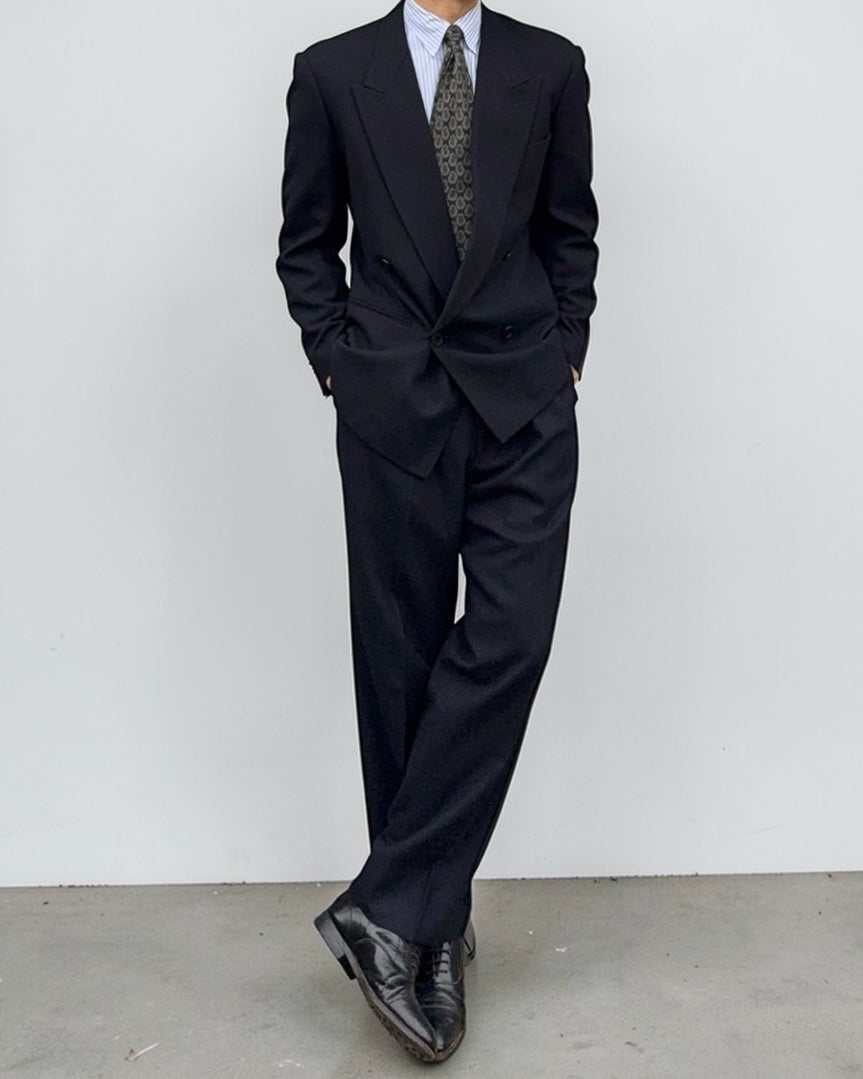 Emporio Armani 1980s Double Breasted Pleated Felt Wool Dark Navy Suit - Size S Jacket / 30" Waist