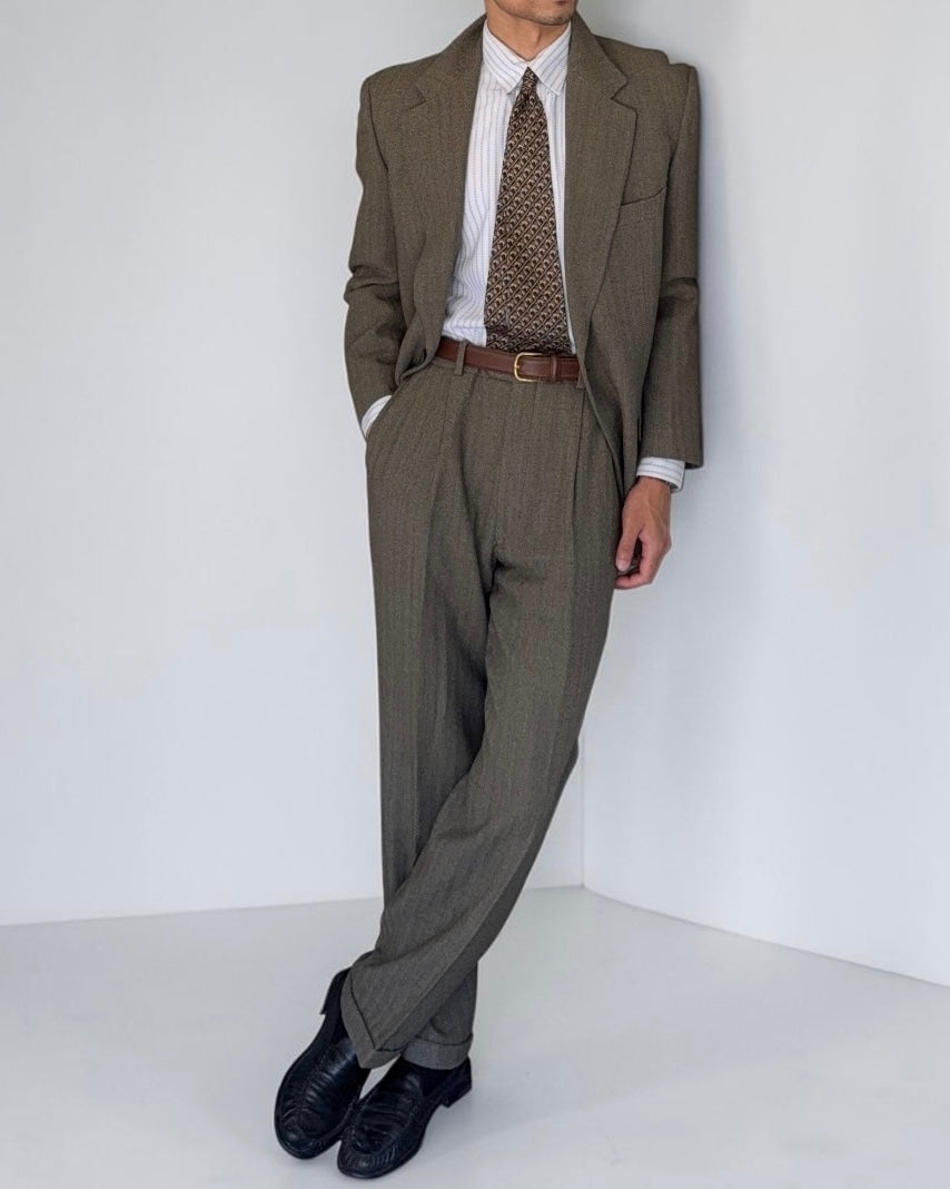 Calvin Klein 1990s 2B Herringbone Wool Double Pleat Suit Khaki Green - Size M Jacket / 32" Waist