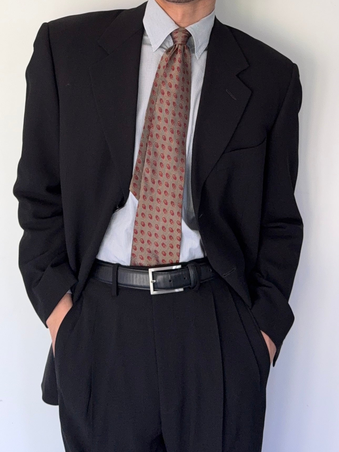 Giorgio Armani Black Label 1990s 3B Black Pleated Wool Draped Suit - Size M Jacket / 32" Waist