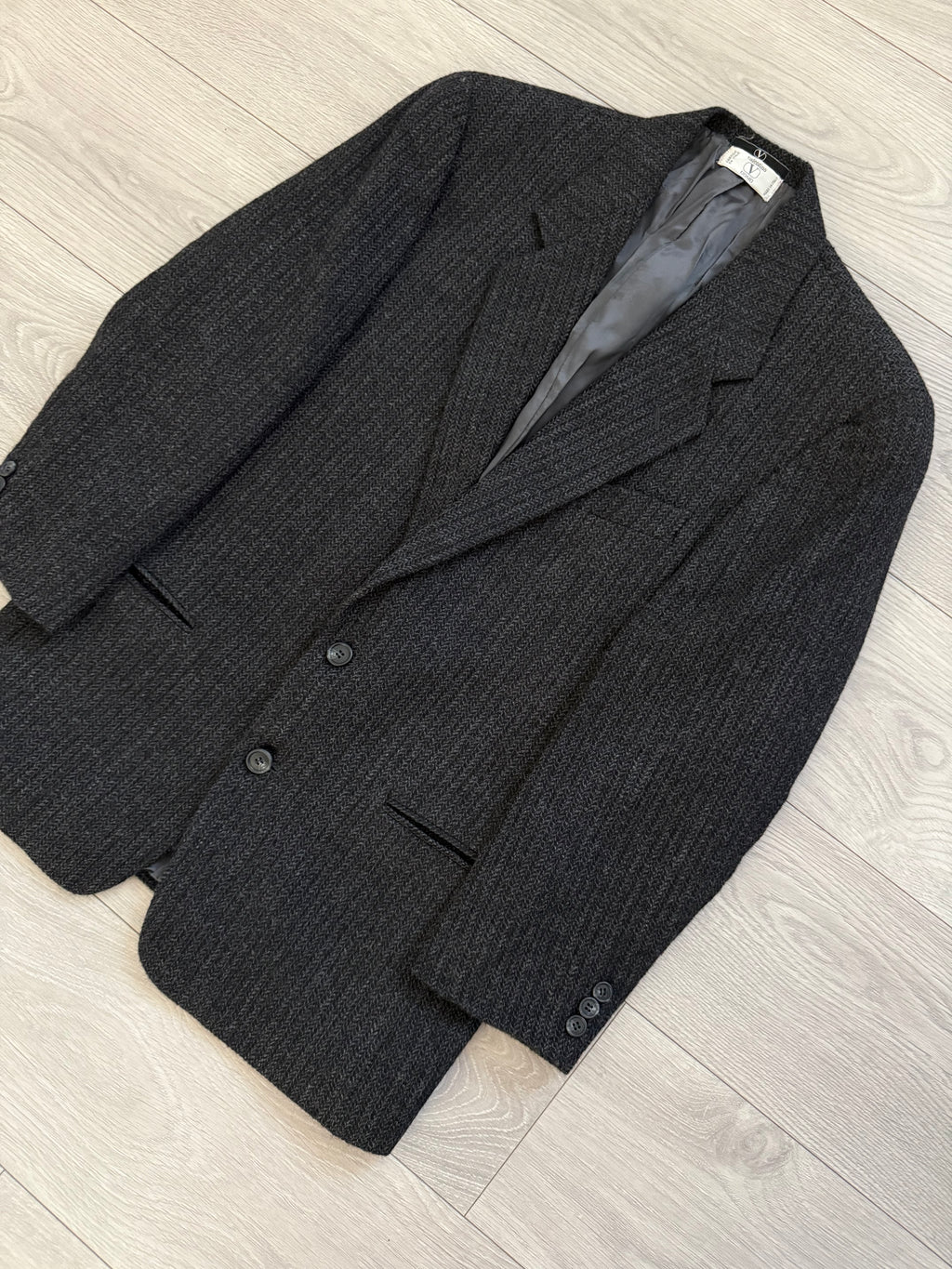 Valentino 1980s 2B Textured Wool Sports Jacket Blazer Charcoal Grey - Size S