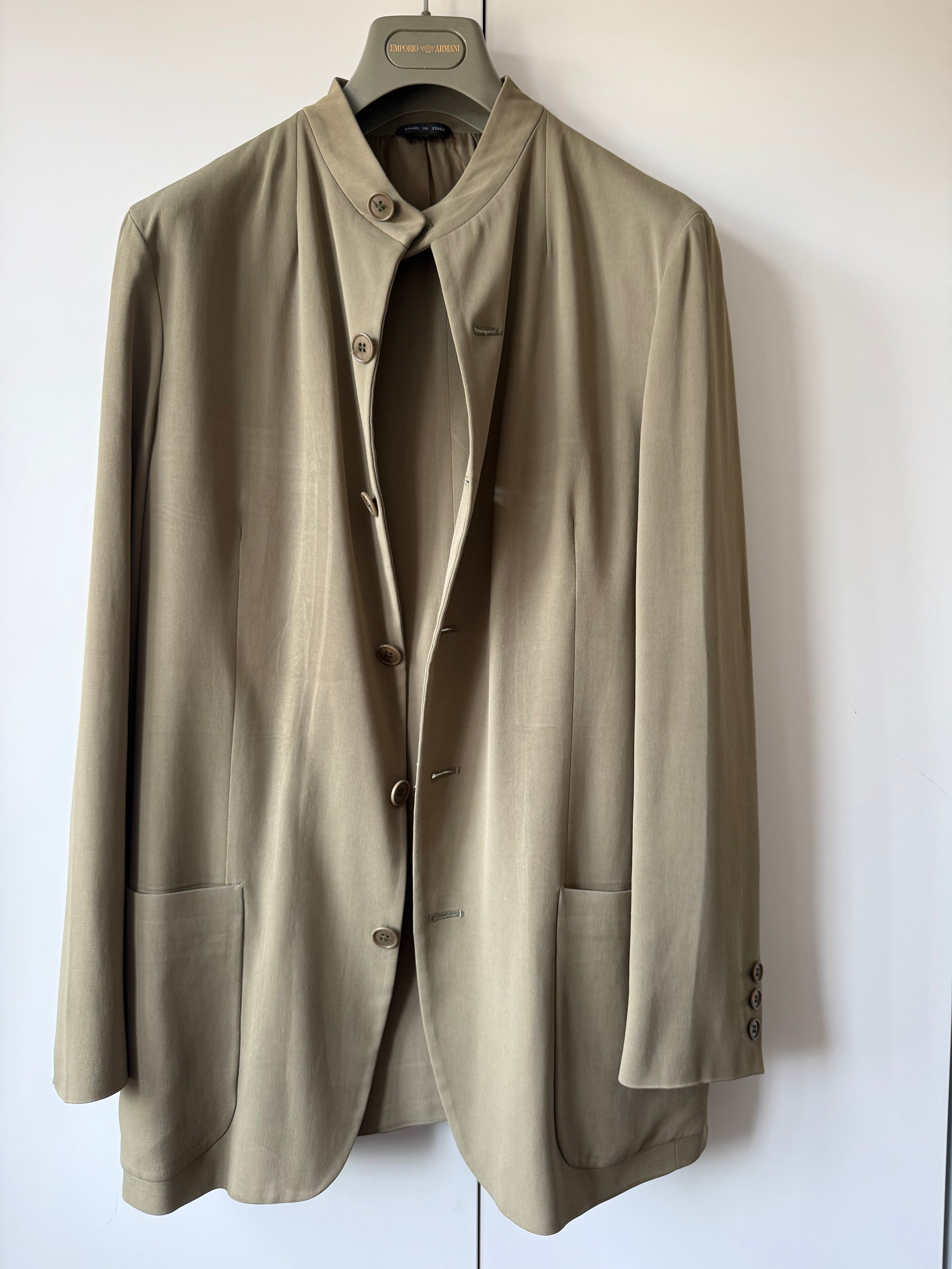 Emporio Armani AW1995 Nehru Collar Draped Khaki Taupe Suit - Size S Jacket / 30" Waist
