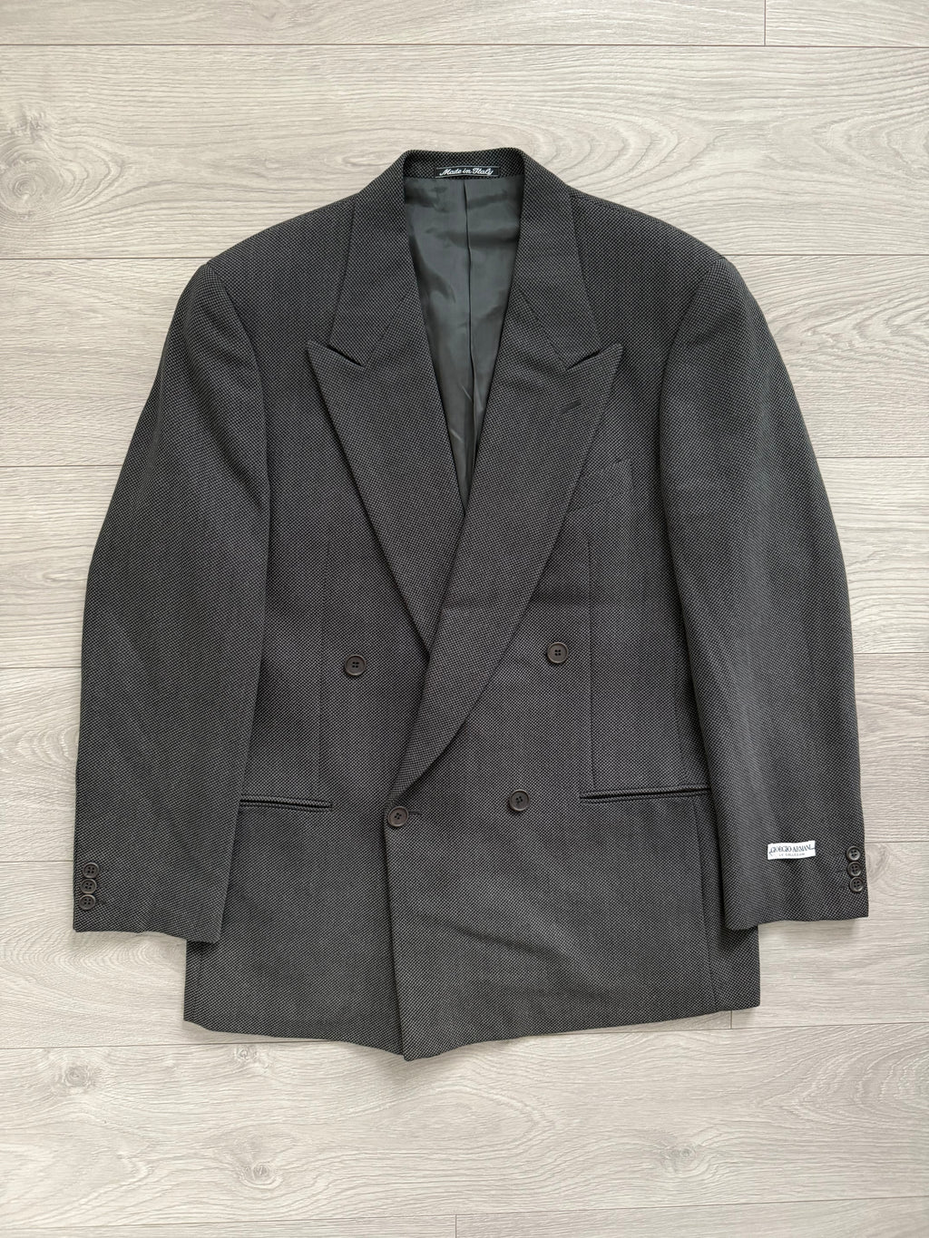 Giorgio Armani 1980s Double Breasted Pleated Wool Suit Grey New - Size L Jacket / 32" Waist