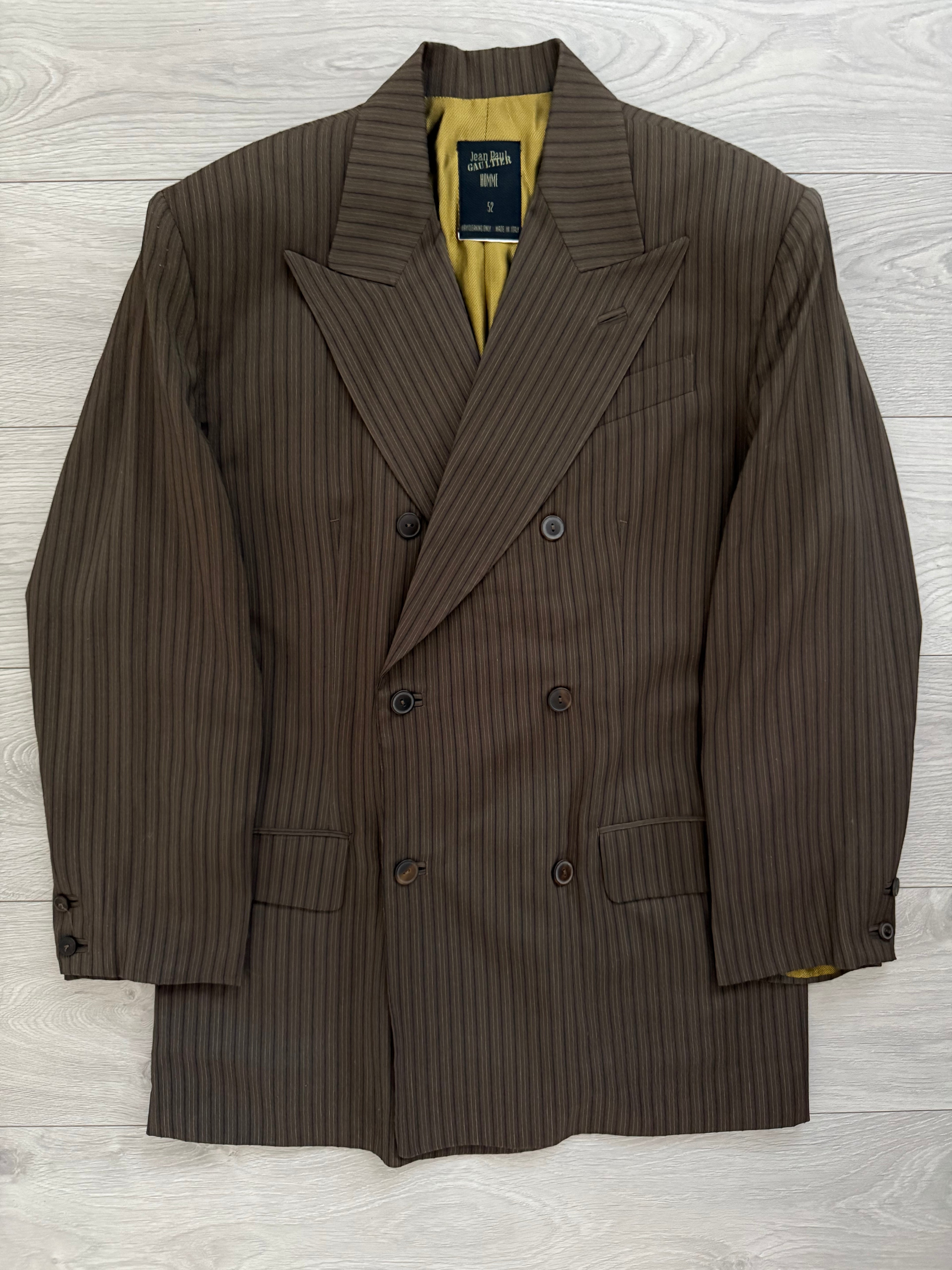 Jean Paul Gaultier 1990s Peaked Lapel Double Breasted Pleated Textured Suit - Size XL Jacket / 34" Waist