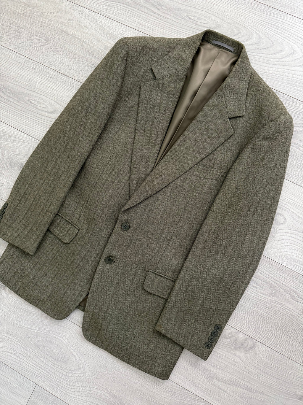 Calvin Klein 1990s 2B Herringbone Wool Double Pleat Suit Khaki Green - Size M Jacket / 32" Waist