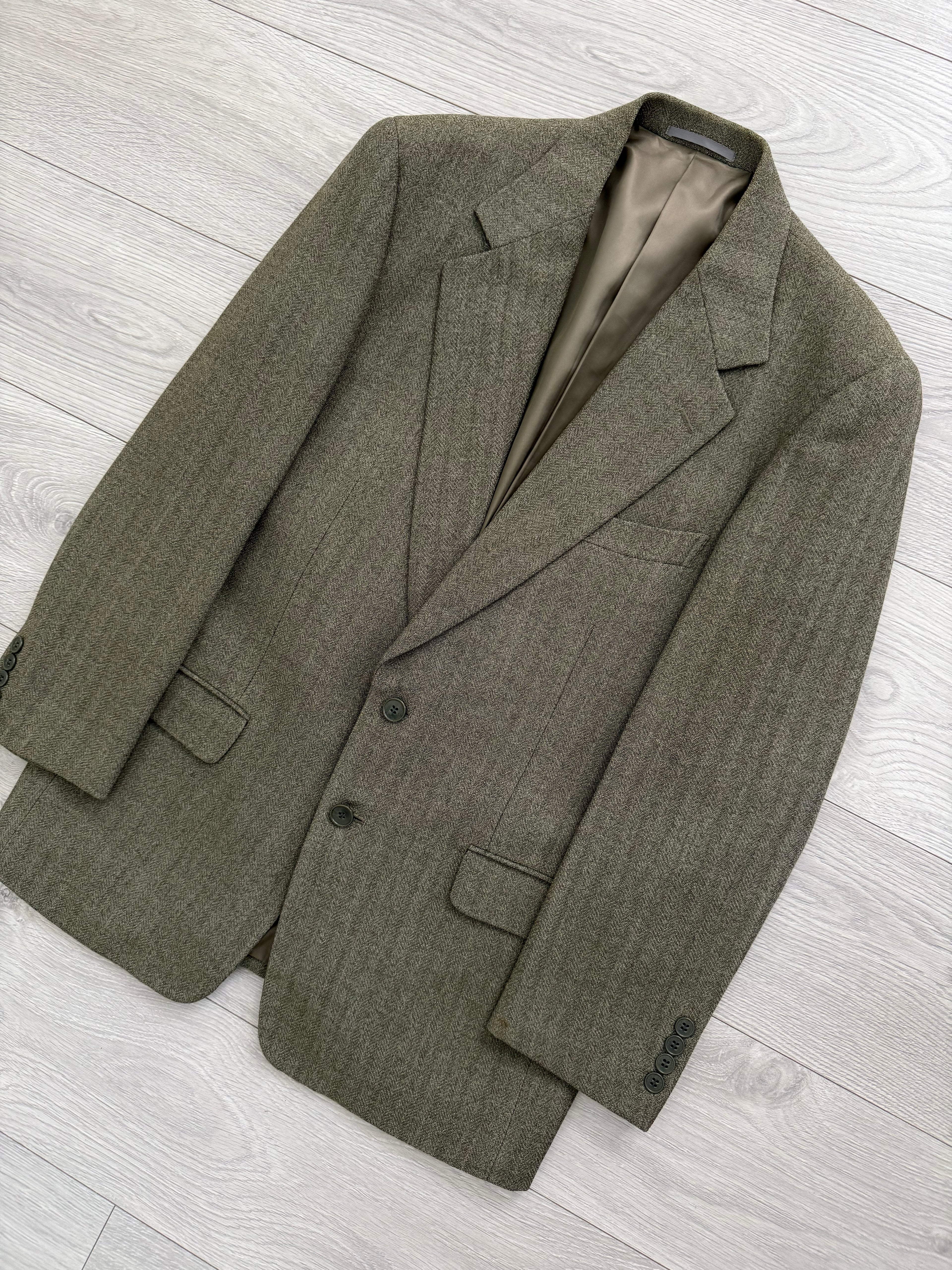 Calvin Klein 1990s 2B Herringbone Wool Double Pleat Suit Khaki Green - Size M Jacket / 32" Waist