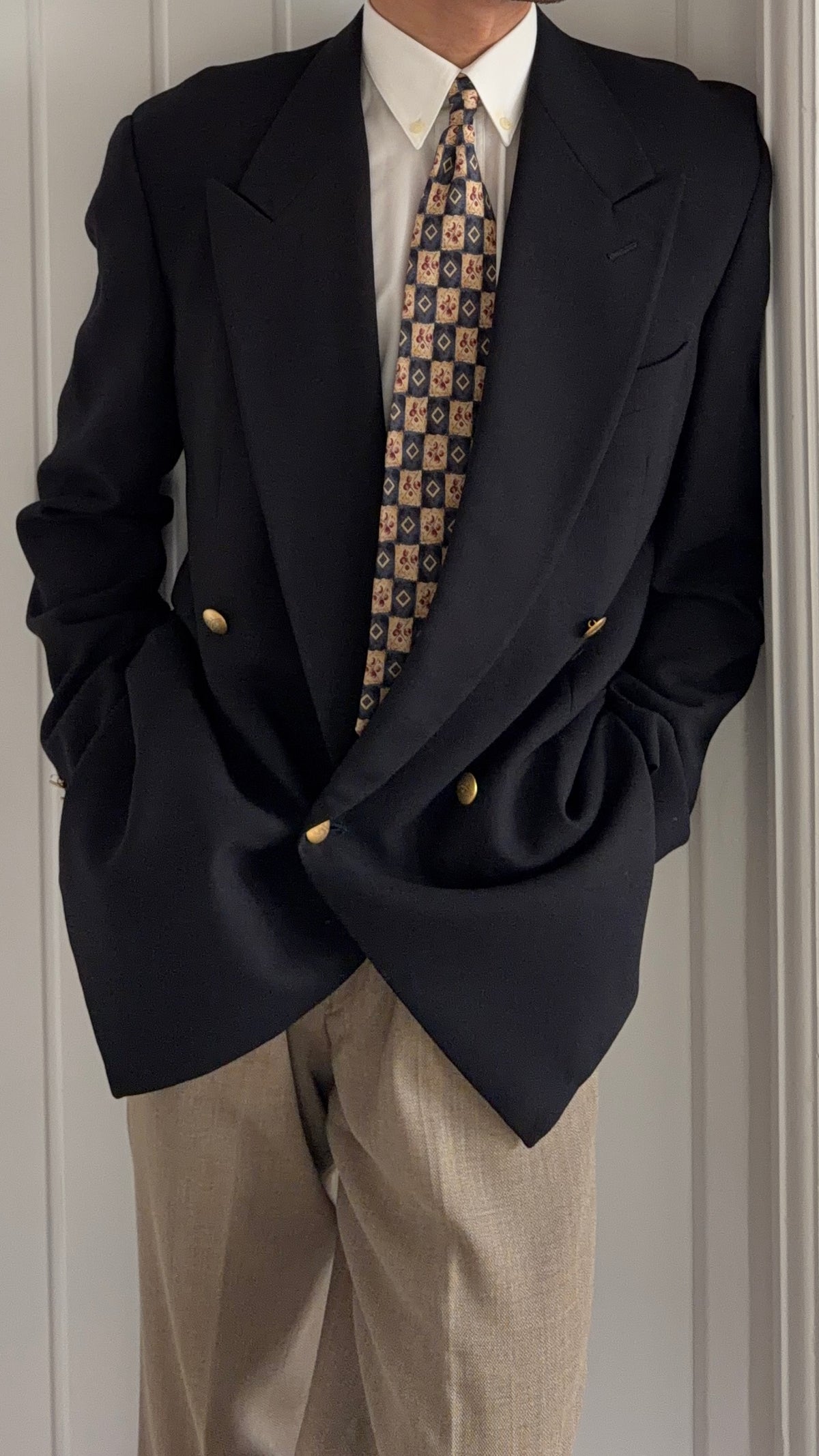 Giorgio Armani 1980s Peaked Lapel Double Breasted Metal Button Wool Sport Jacket Blazer Black  - Size L
