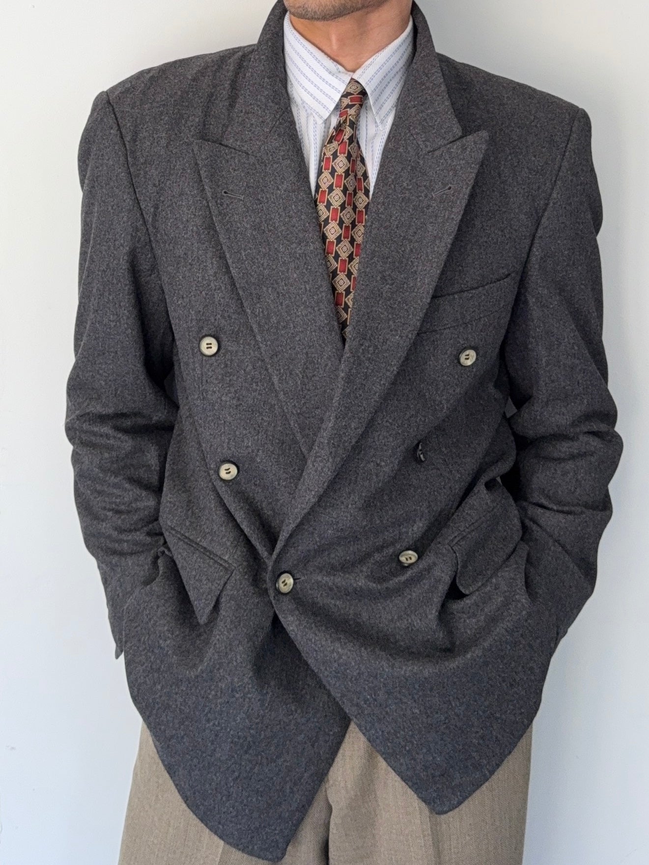 Hugo Boss 1980s 'Al Capone' Grey Peaked Lapel Double Breasted Wool Sports Jacket Blazer - Size M