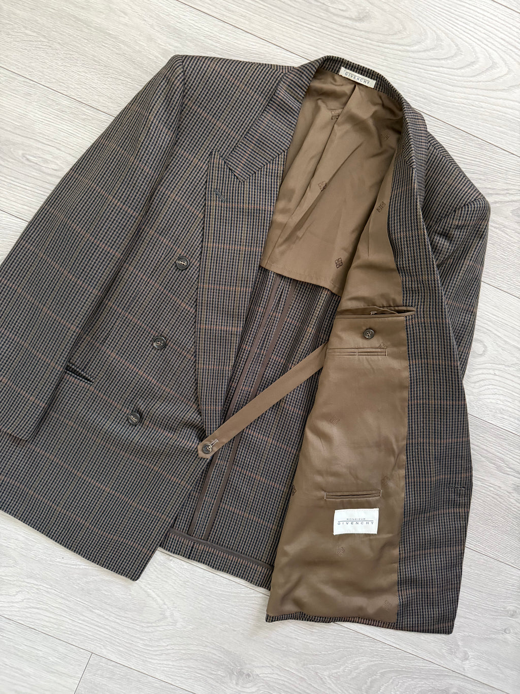 Givenchy 1980s Wool Check Peaked Lapel Double Breasted Sports Jacket Blazer - Size XL