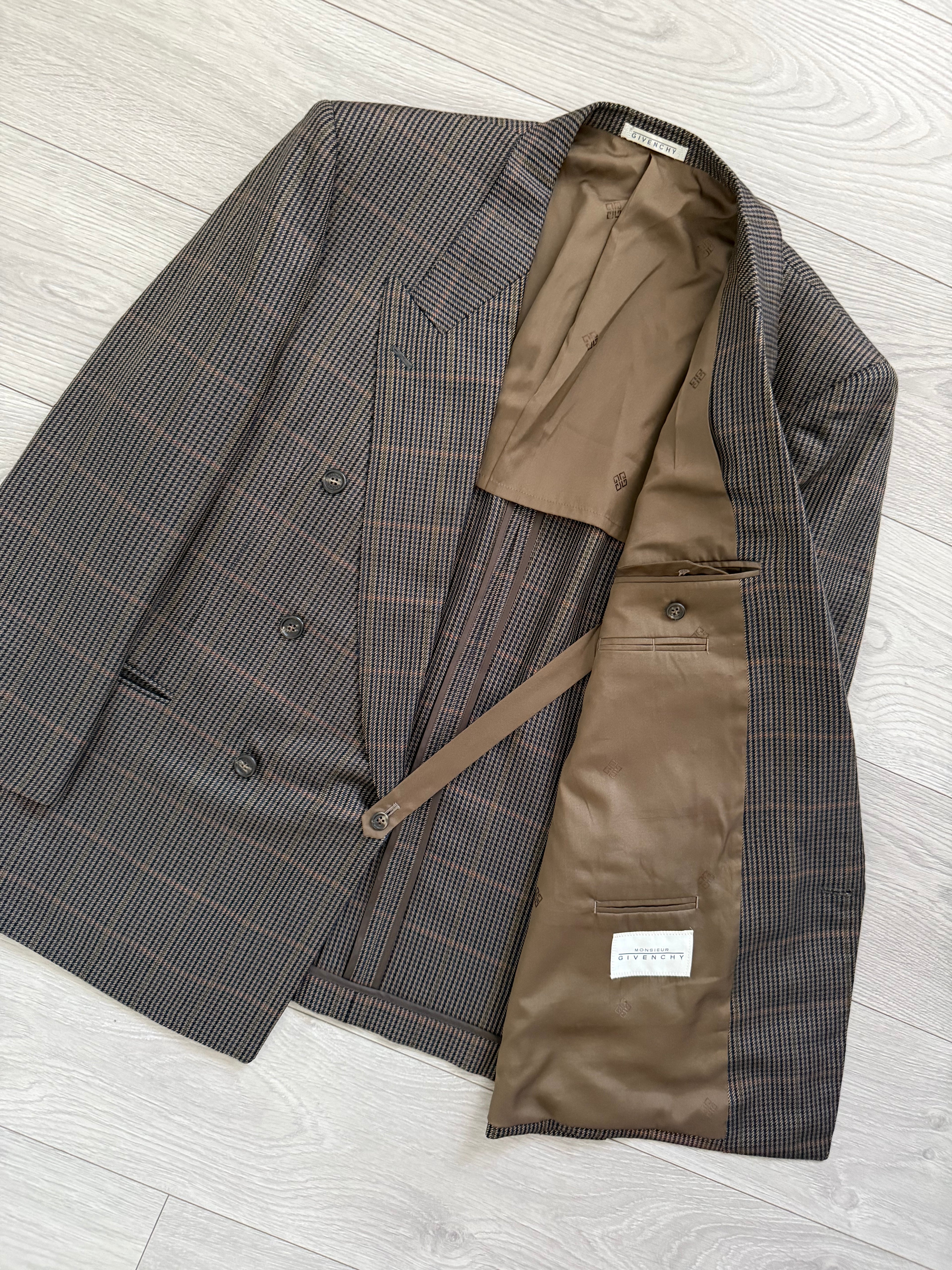 Givenchy 1980s Wool Check Peaked Lapel Double Breasted Sports Jacket Blazer - Size XL