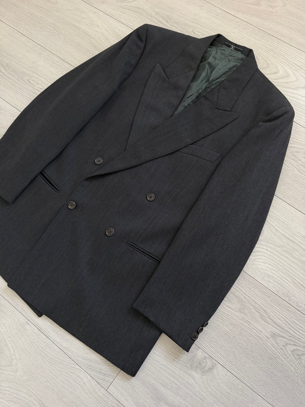 Valentino 1980s Peaked Lapel Double Breasted Wool Herringbone Grey Sport Jacket Blazer - Size L