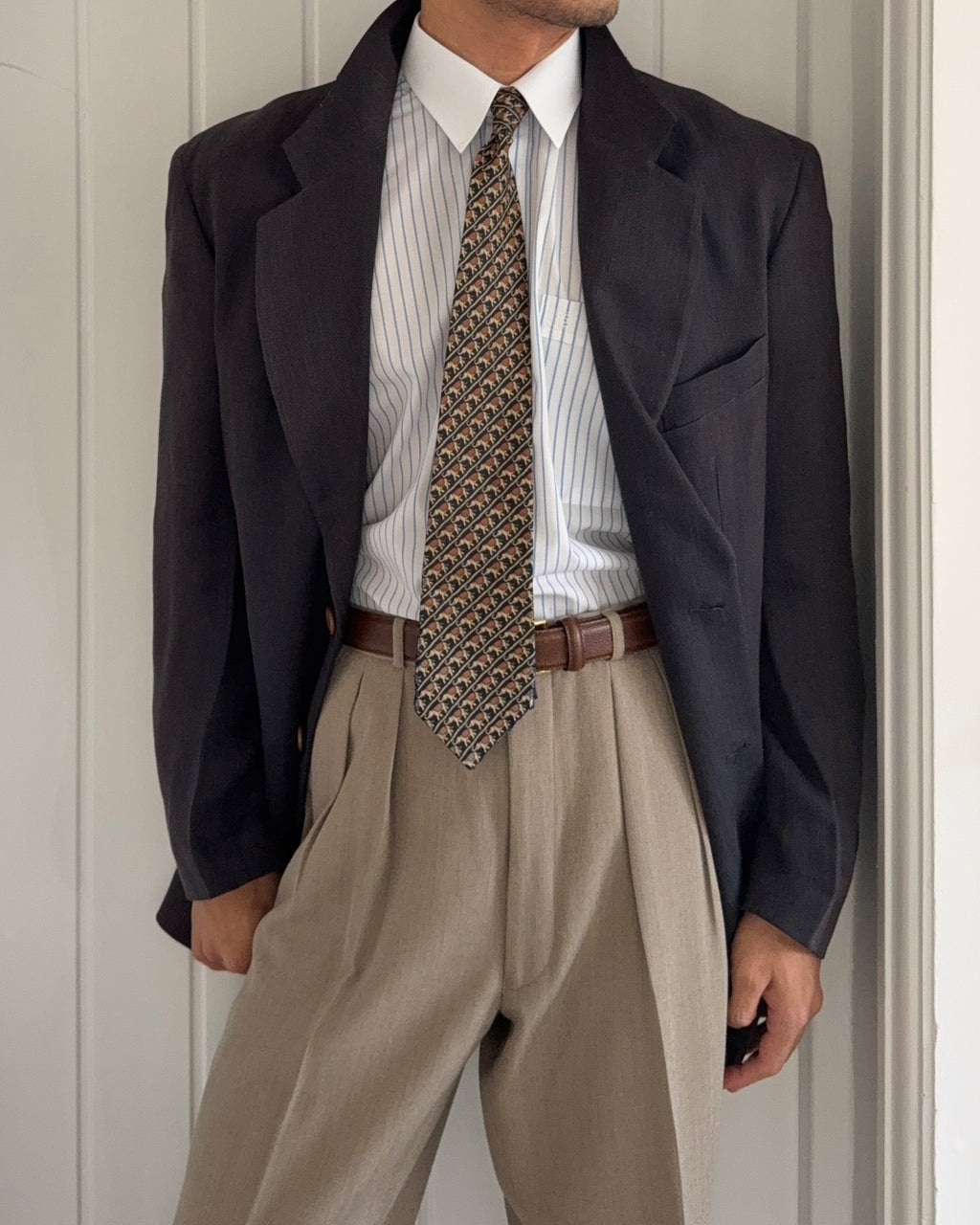 Giorgio Armani 1980s 2B Wool Silk Micro-Herringbone Sport Jacket Blazer - Size L