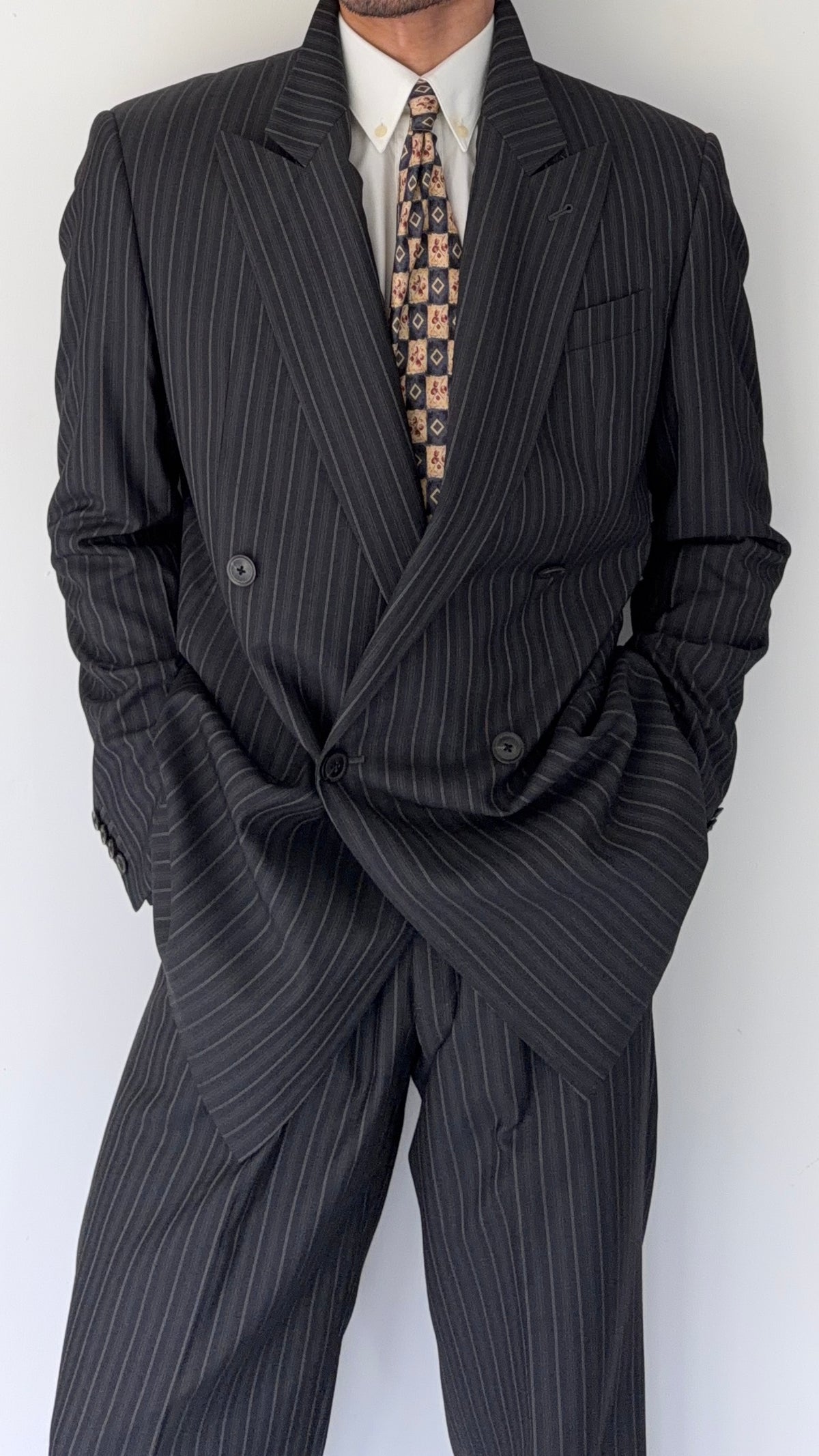 Armani 1990s Peaked Lapel Double Breasted Pleated Silk Wool Suit Striped Grey - Size L Jacket / 34" Waist
